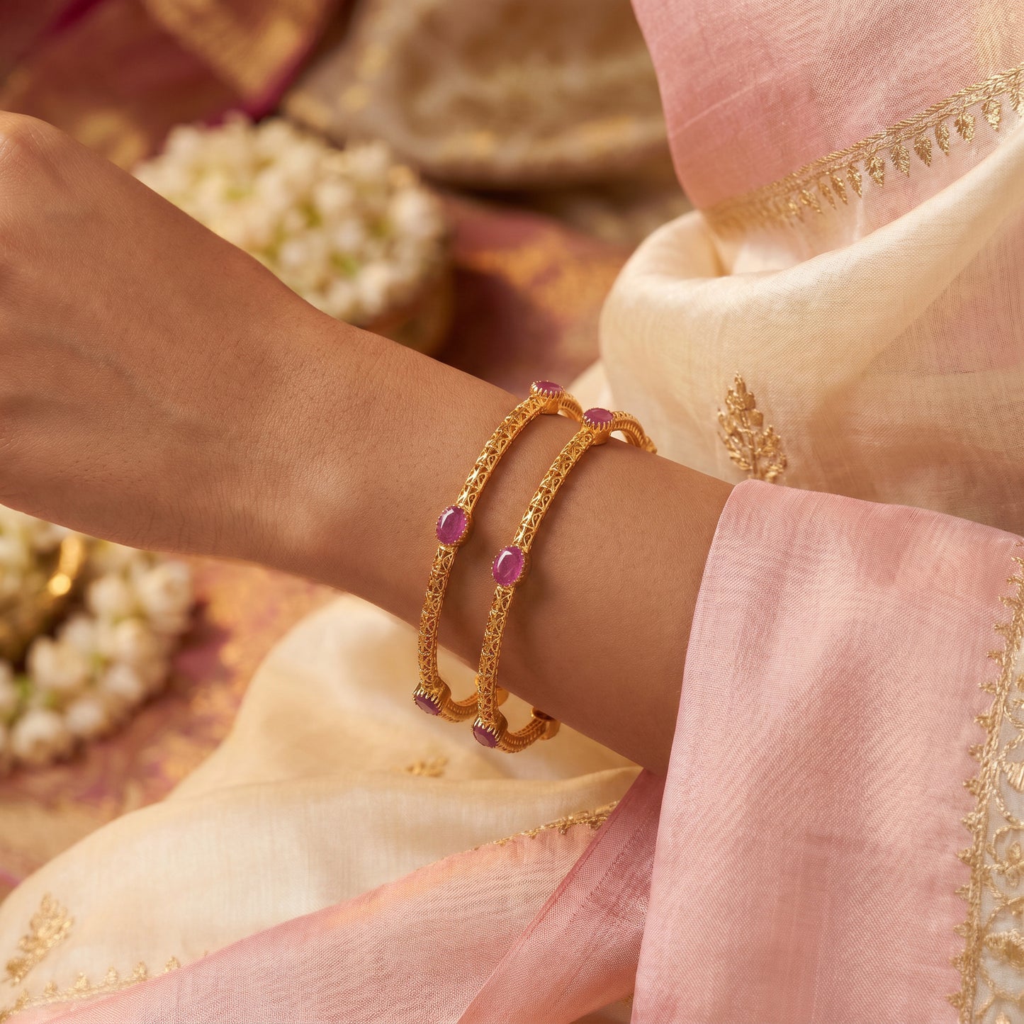 Temple Nakshi 22KT Gold Ruby Stone Bangle Pair for Women