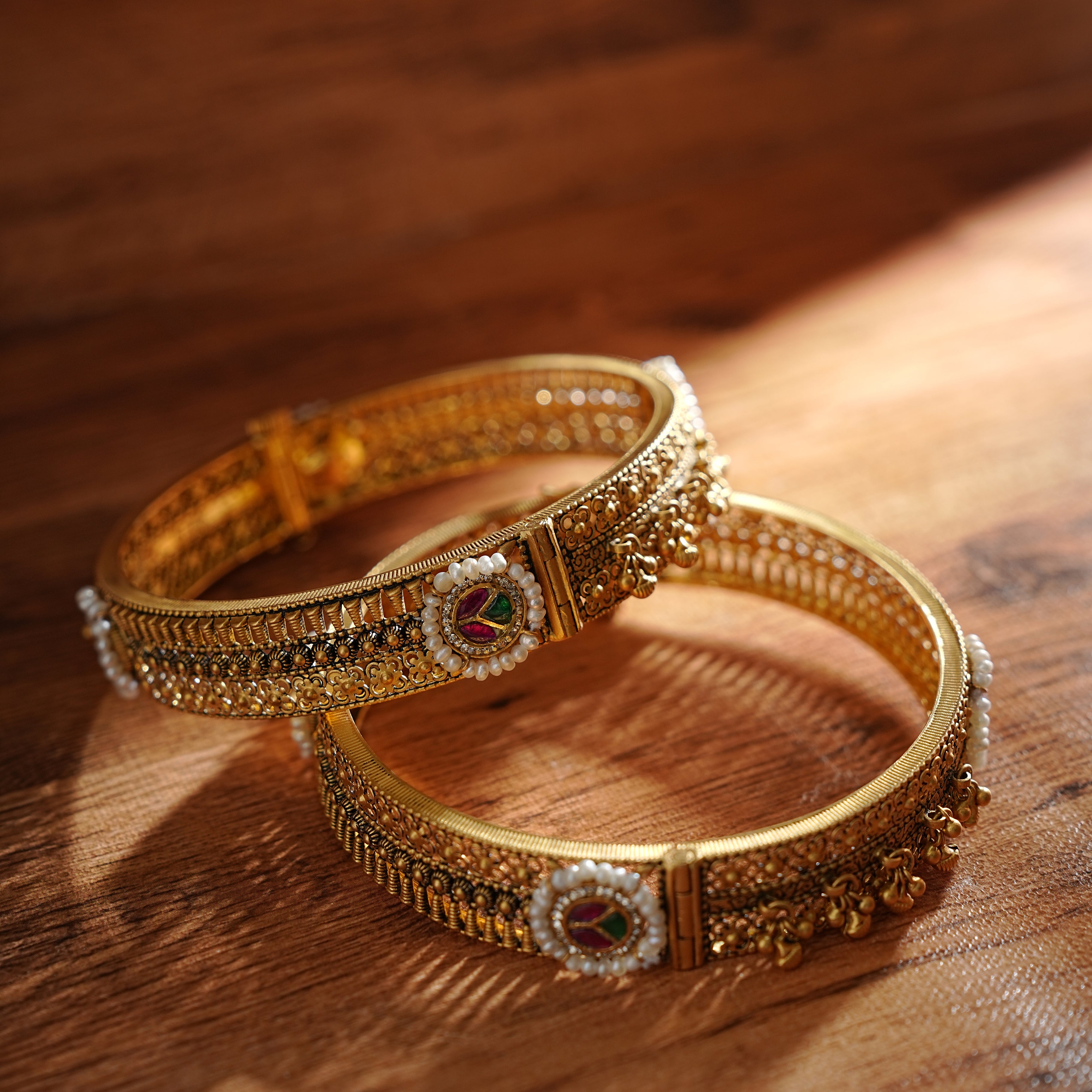22KT Gold Antique Bangle Set with Pearls and Semi Kundan