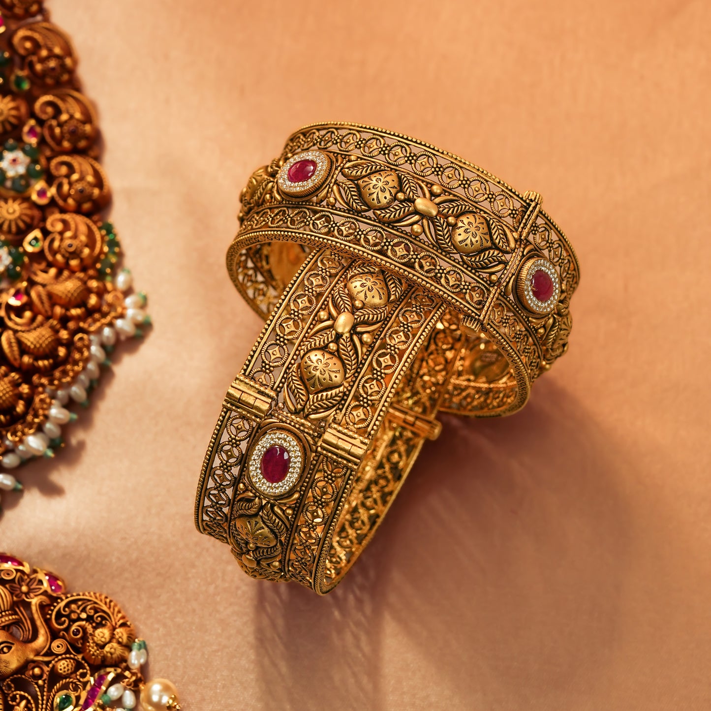 22KT Gold Nakas Temple Bangle Pair with Ruby & Floral Work