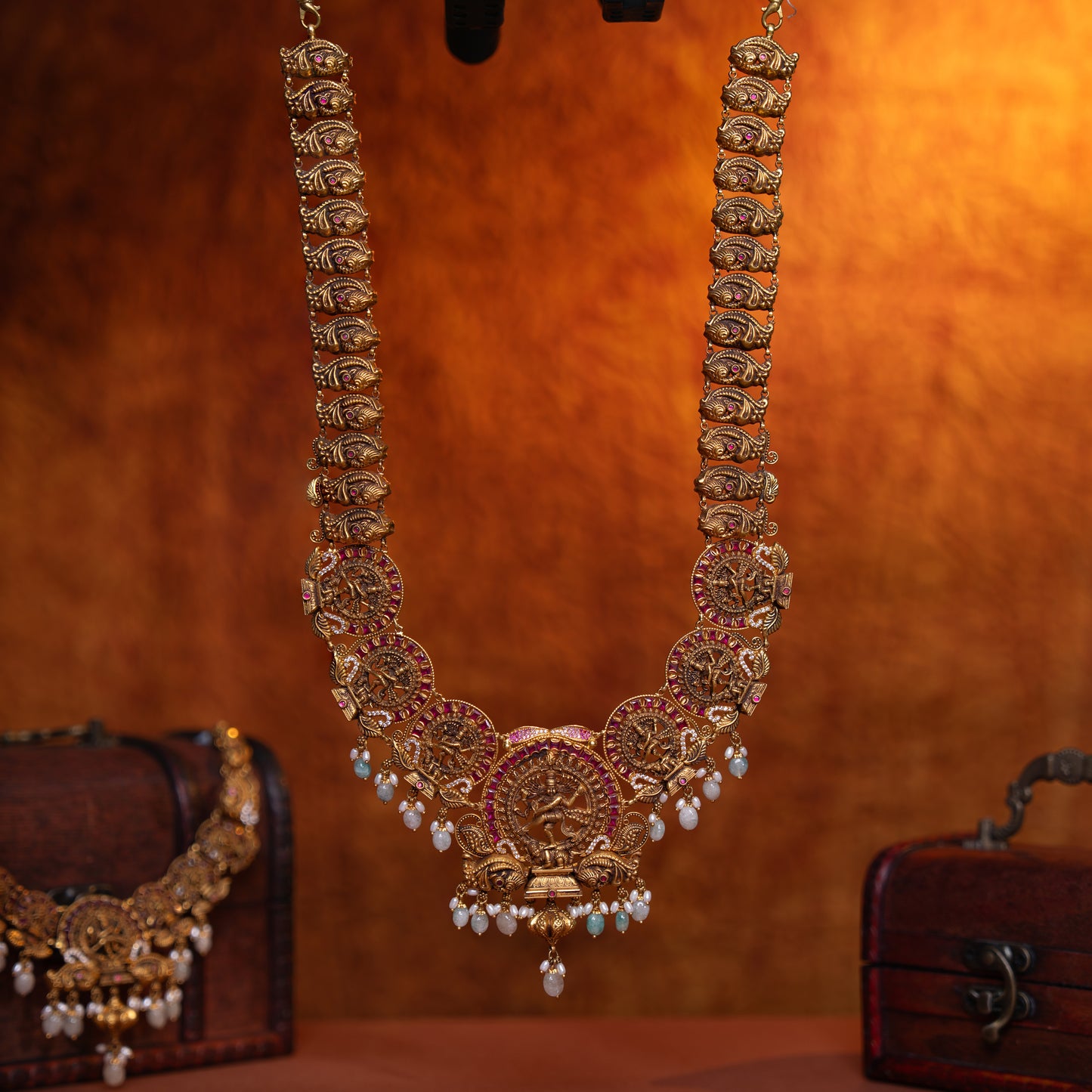 22KT Gold Nataraja Idol Temple Haram with Ruby & Pearl Drops