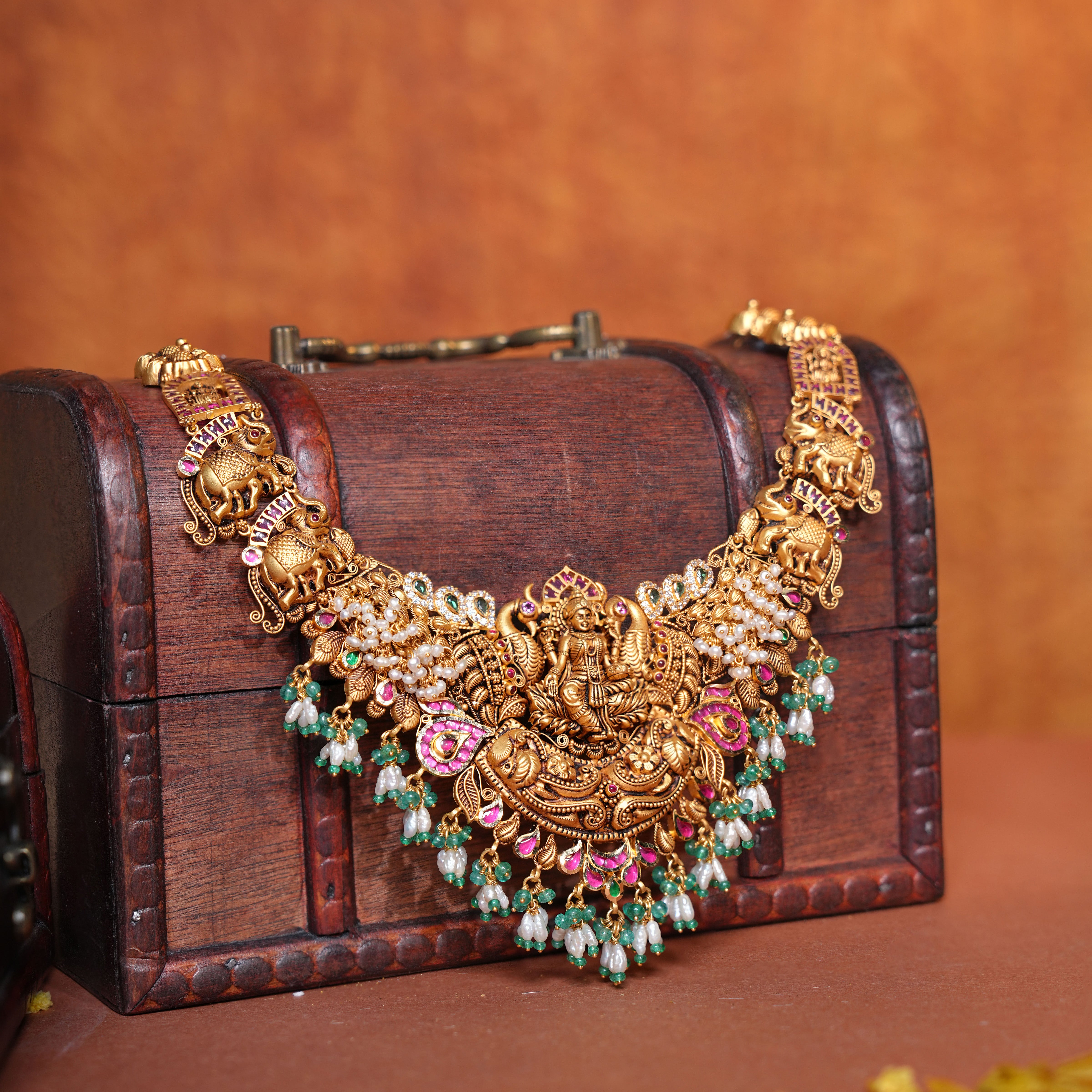 22Kt Gold Nakas Temple Lakshmi Necklace with Ruby & Emerald Drops
