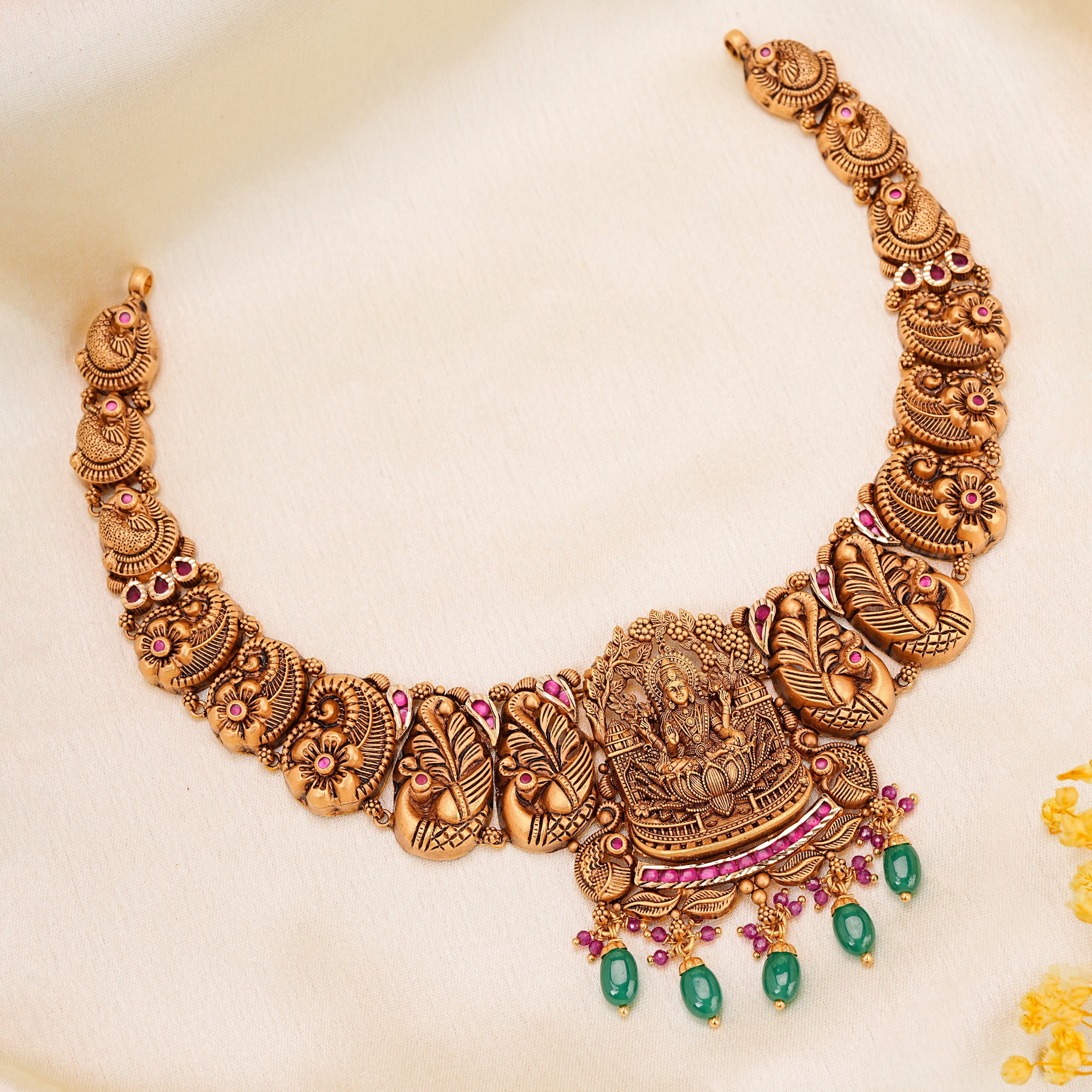 22KT Gold Nakshi Lakshmi Temple Necklace with Ruby & Emeral
