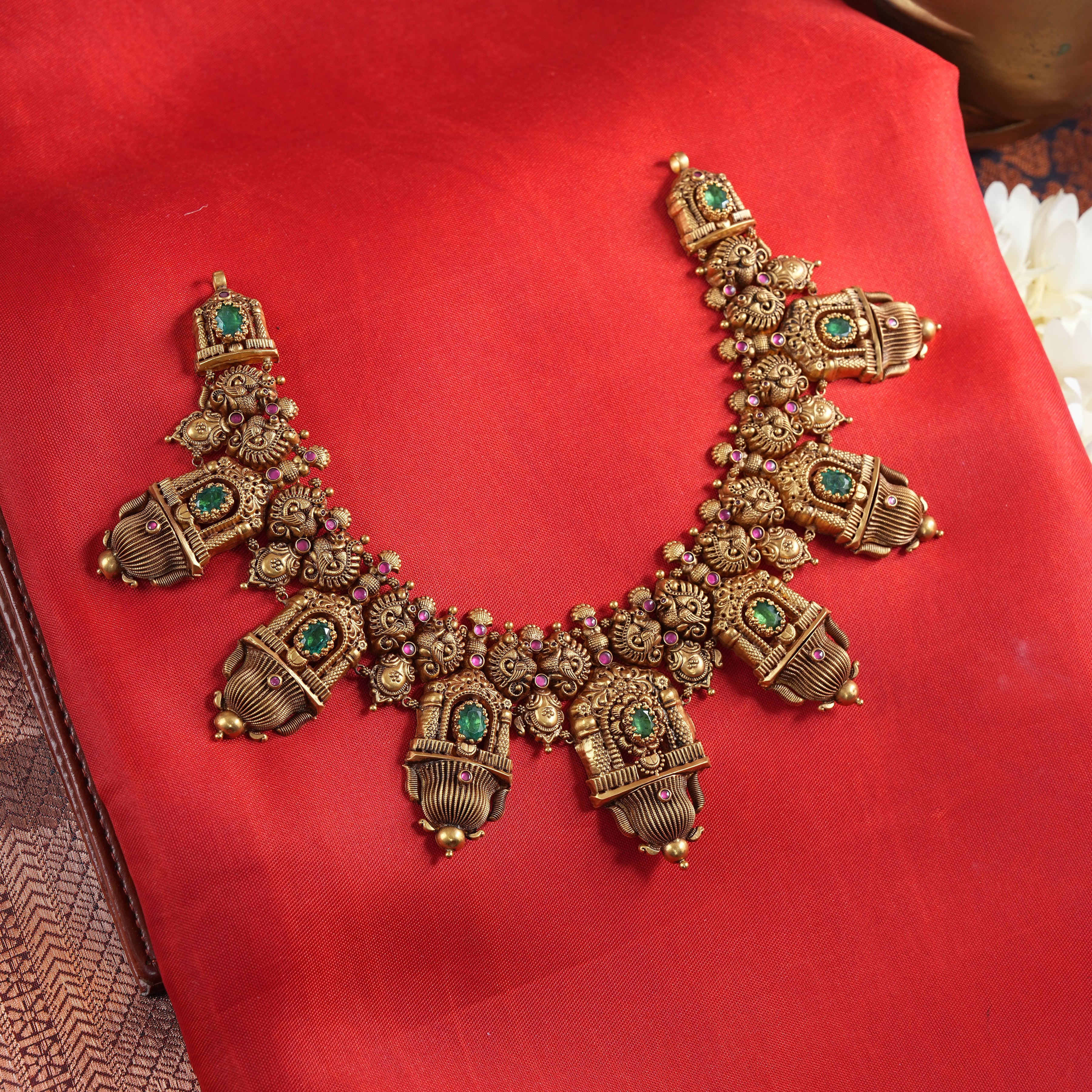 22KT Gold Nakshi Temple Necklace with Emerald & Ruby Stones