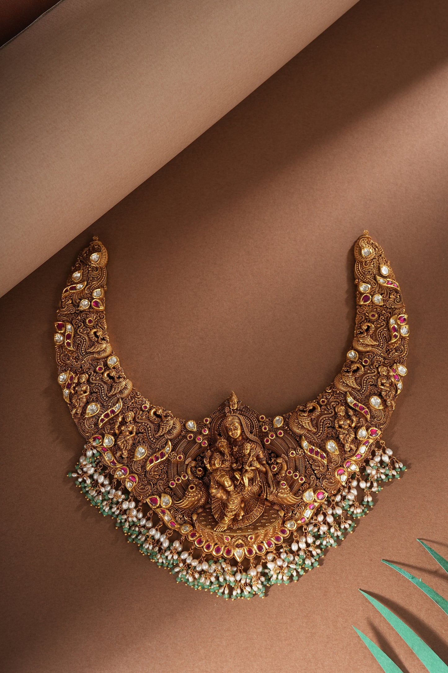 22KT Gold Micro Art Radha Krishna Temple Choker Necklace