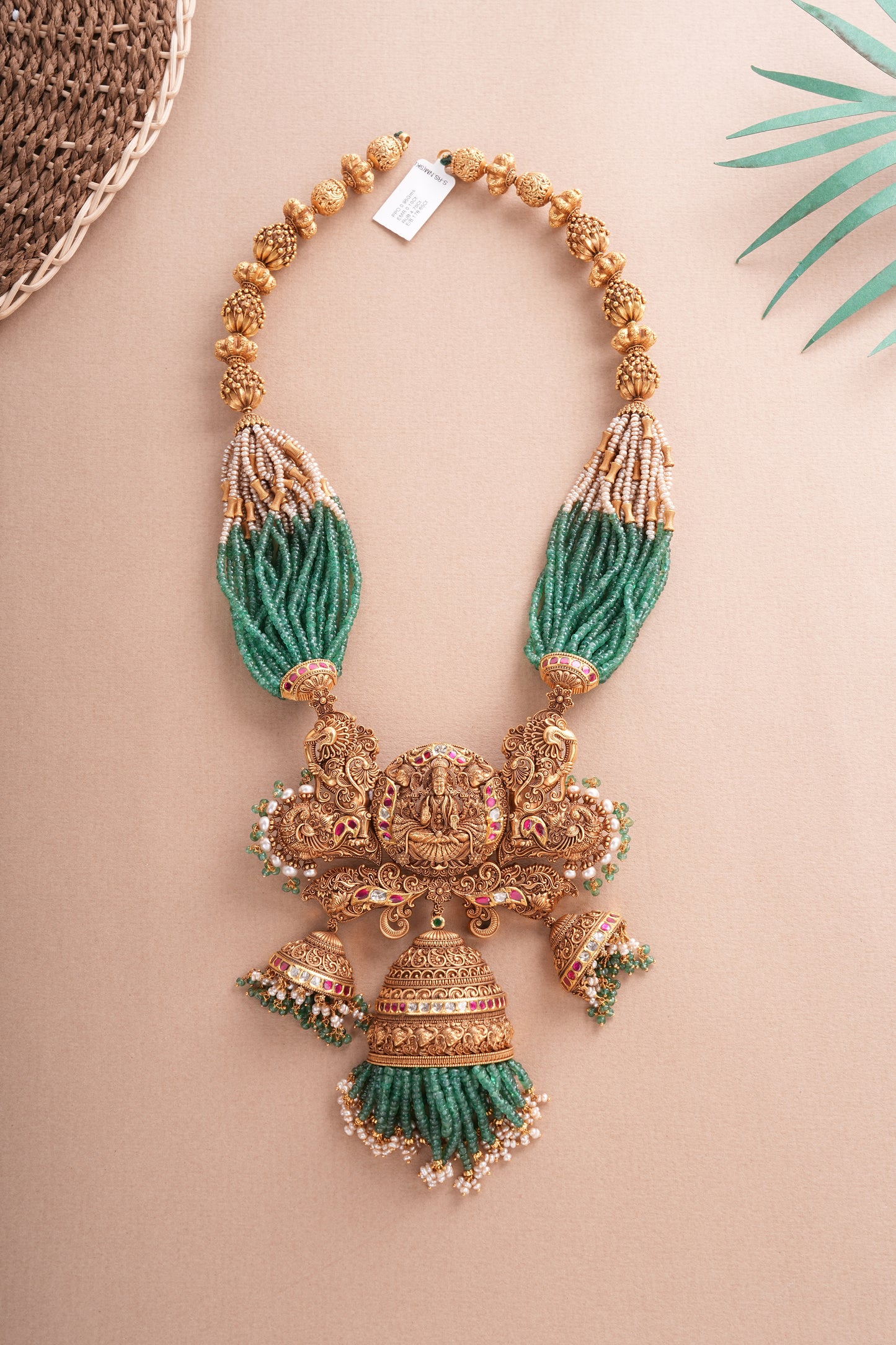 22KT Gold Micro Art Temple Necklace with Emerald Beads