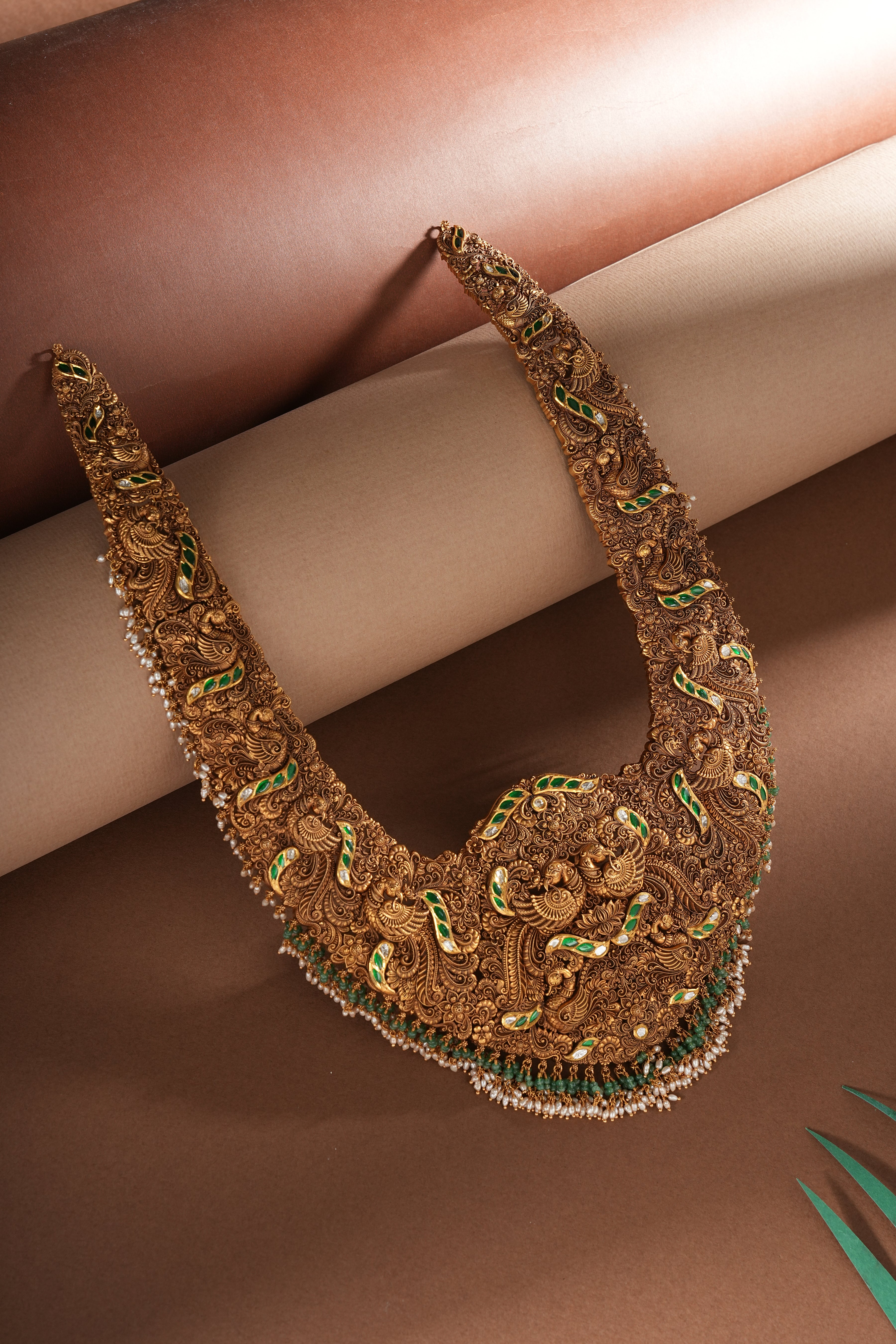 22Kt Gold Micro Art Temple Haram with Emerald Beads & Pearl Drop