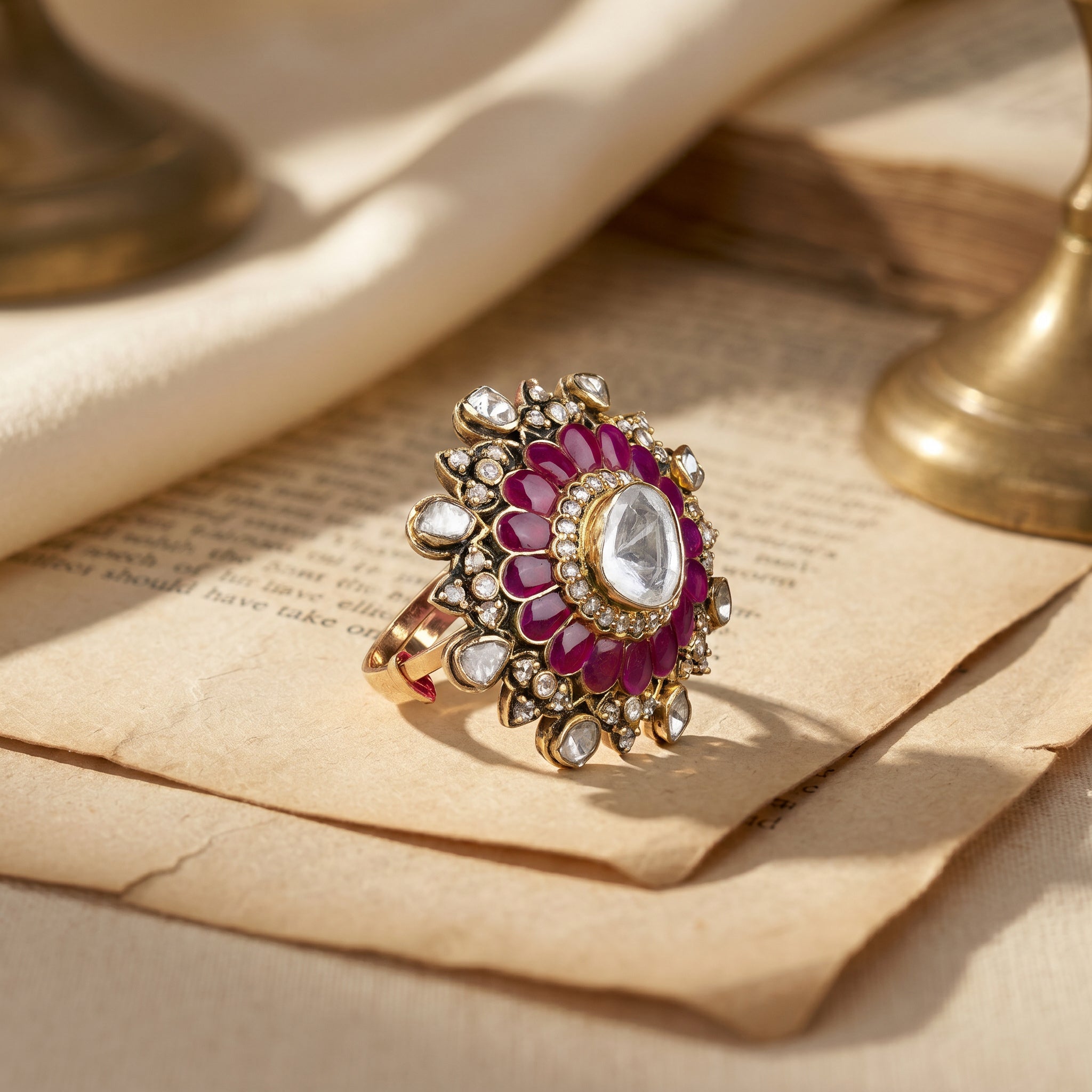 Jadau Polki Ruby Uncut Diamond Cocktail Ring in 18KT Gold