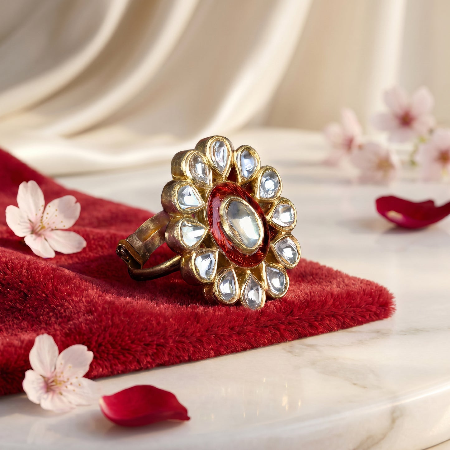 Jadau Polki Uncut Diamond Floral Ring in 24KT Gold for Women