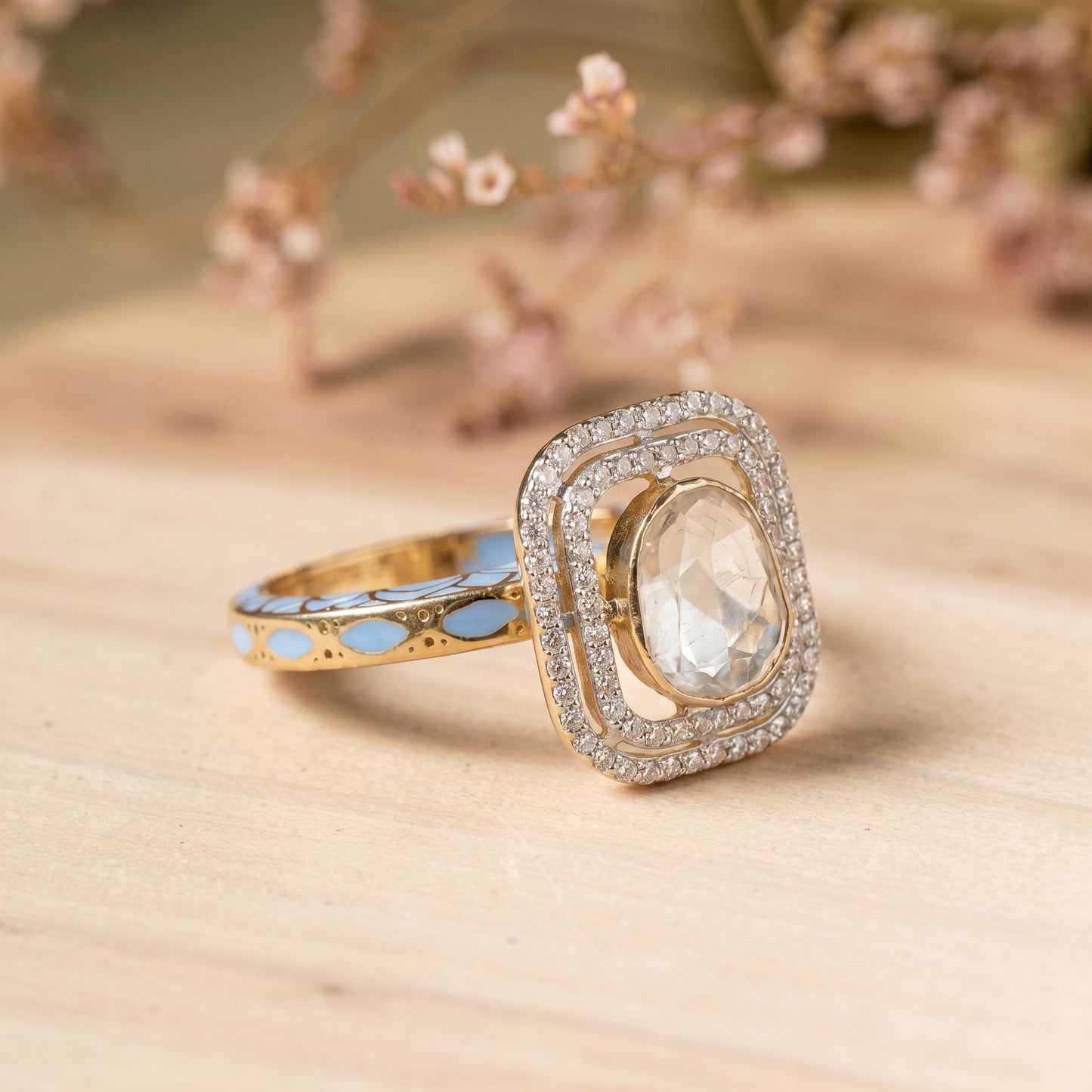 18KT Gold Blue Jadau Polki Diamond Ring