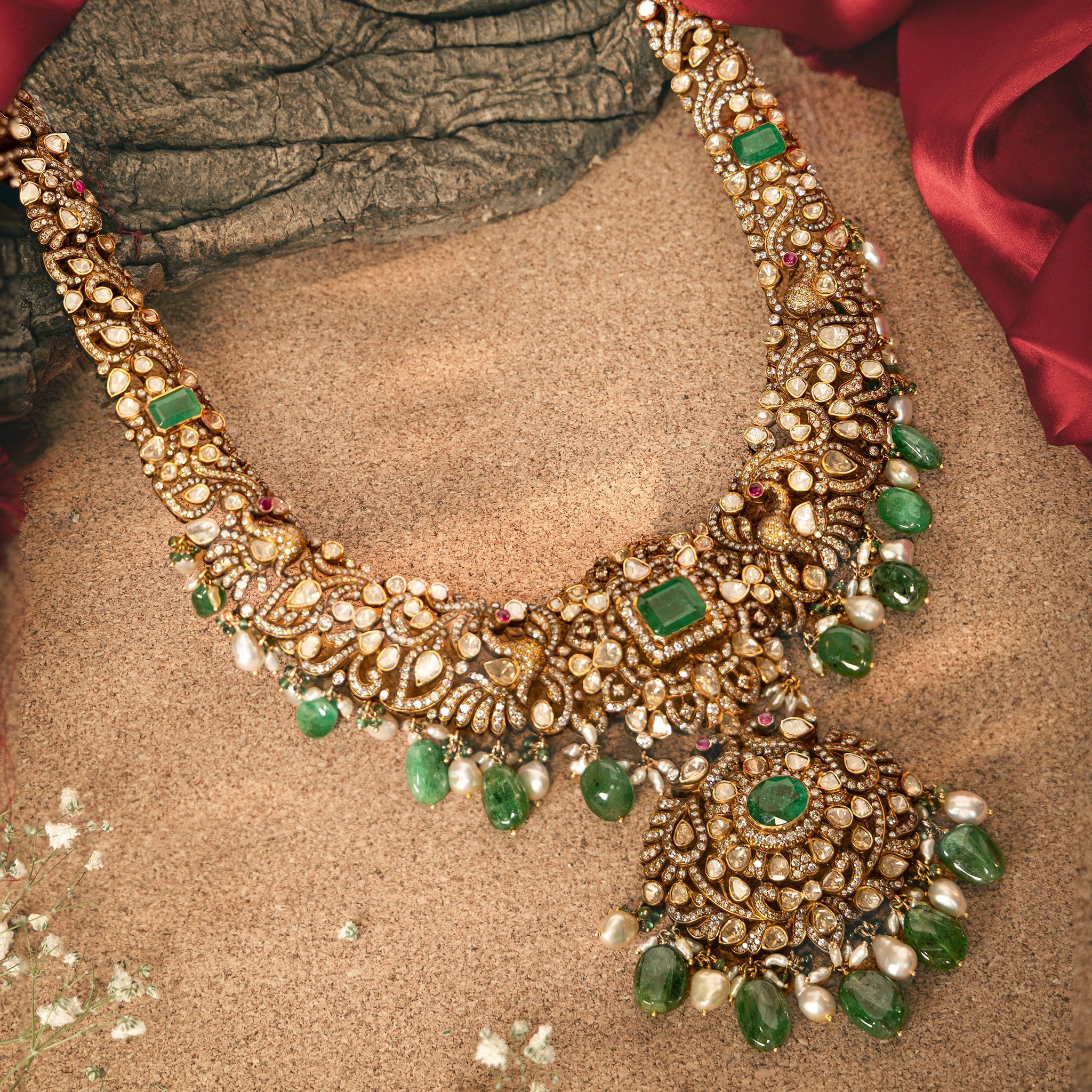 18KT Gold Uncut Diamond Victorian Necklace with Emerald Drops