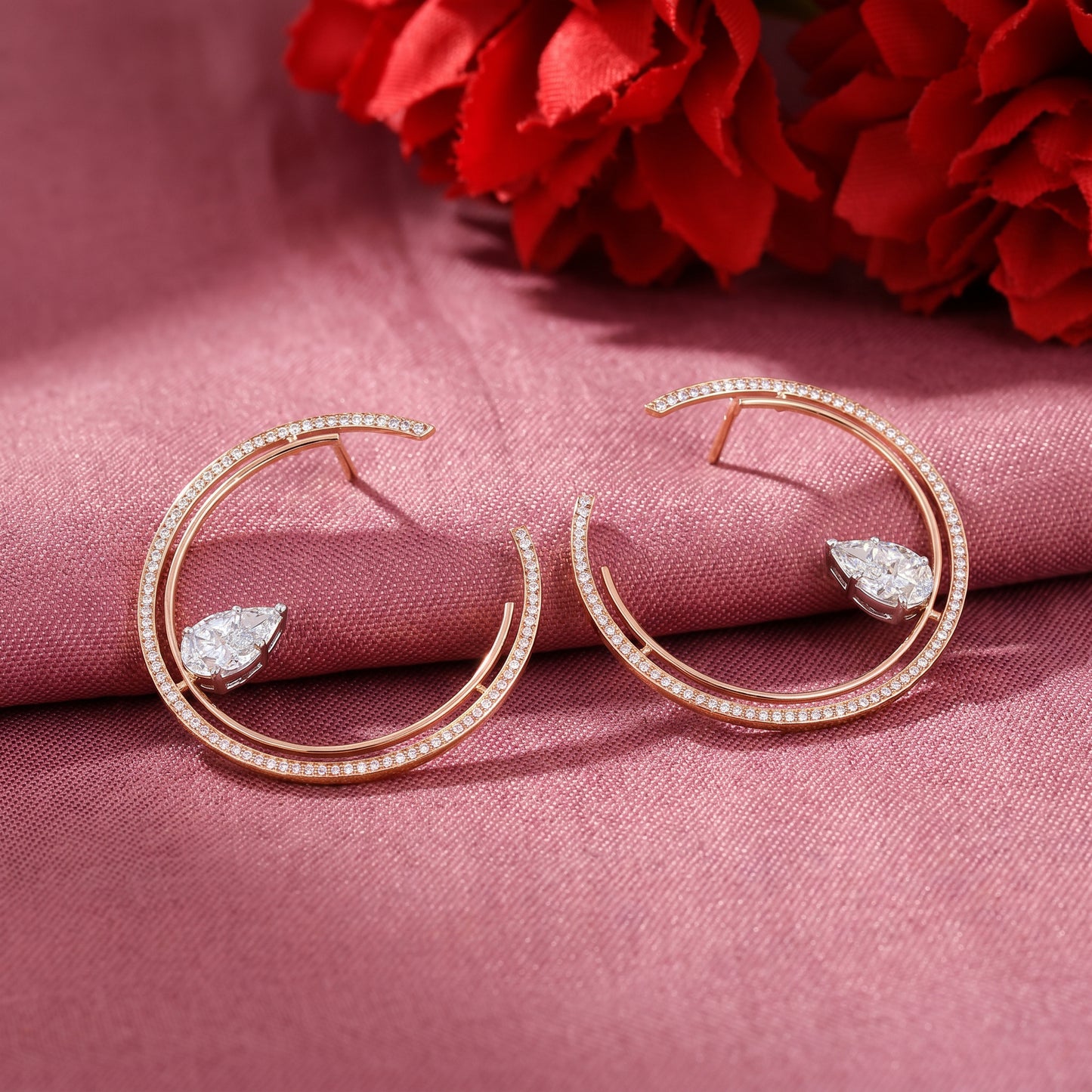 18Kt Spiral Diamond Hoop Earrings with Pear Solitaire