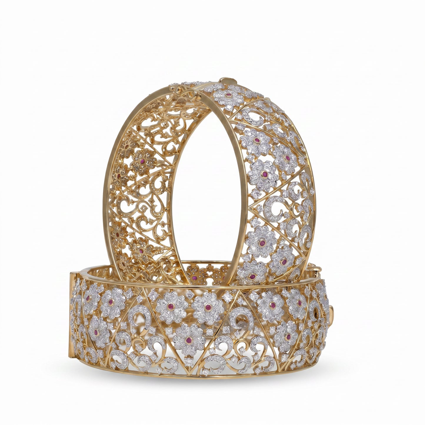 18KT Gold Bridal Diamond Bangle Pair with Ruby & Floral Work