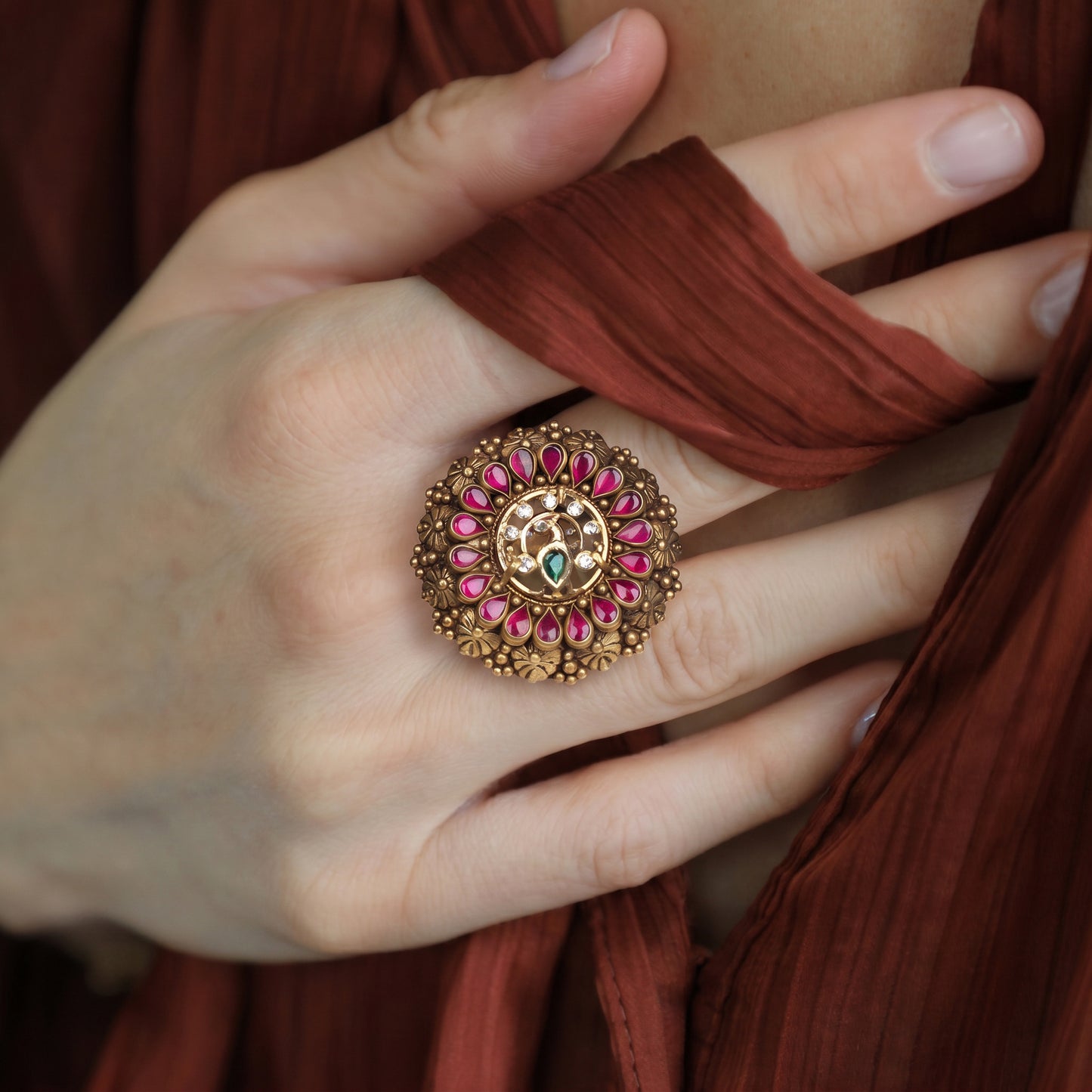 Temple Nakshi Ruby Kemp Ring in 22KT Gold for Women