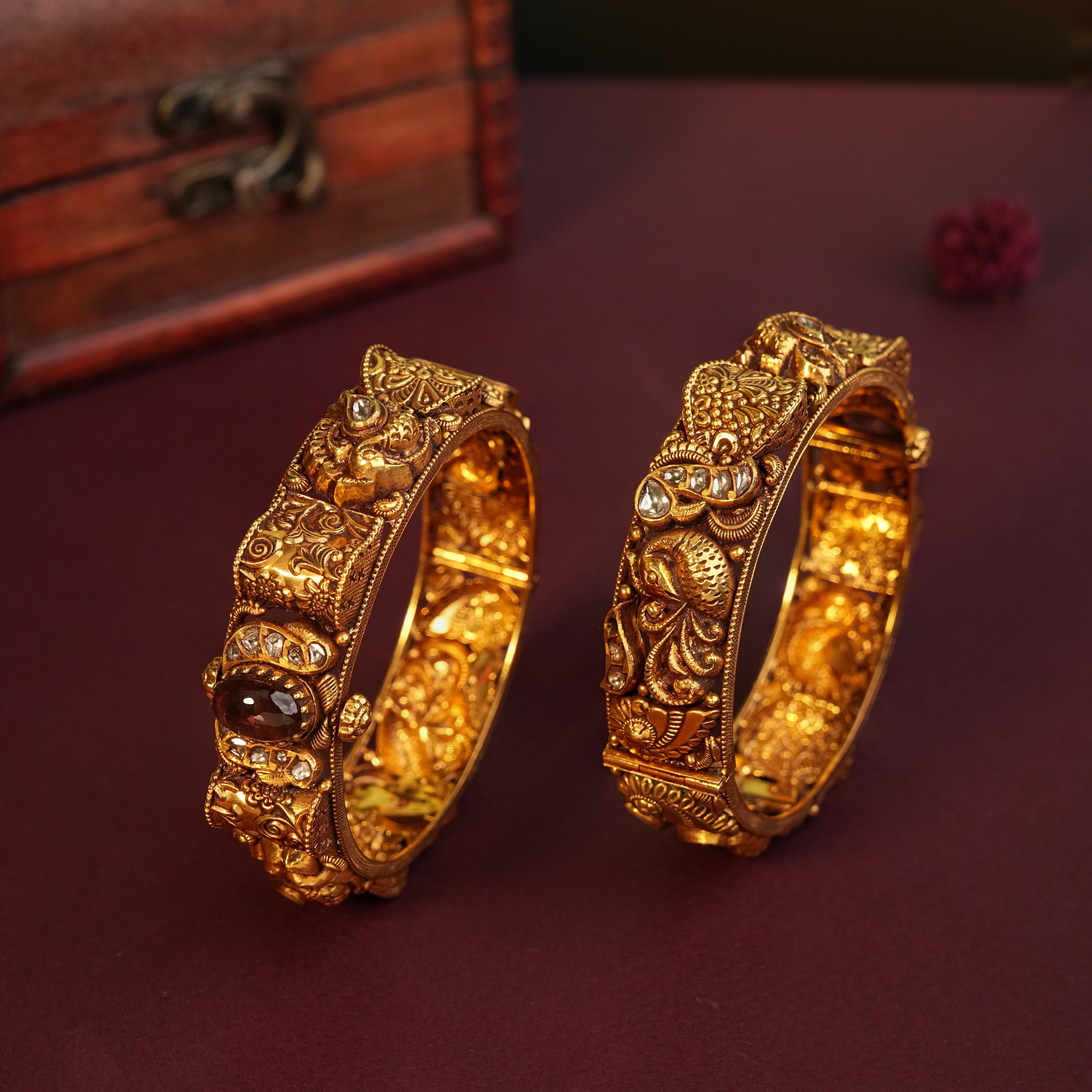 22KT Gold Wedding Wear Bangles with Peacock Motifs