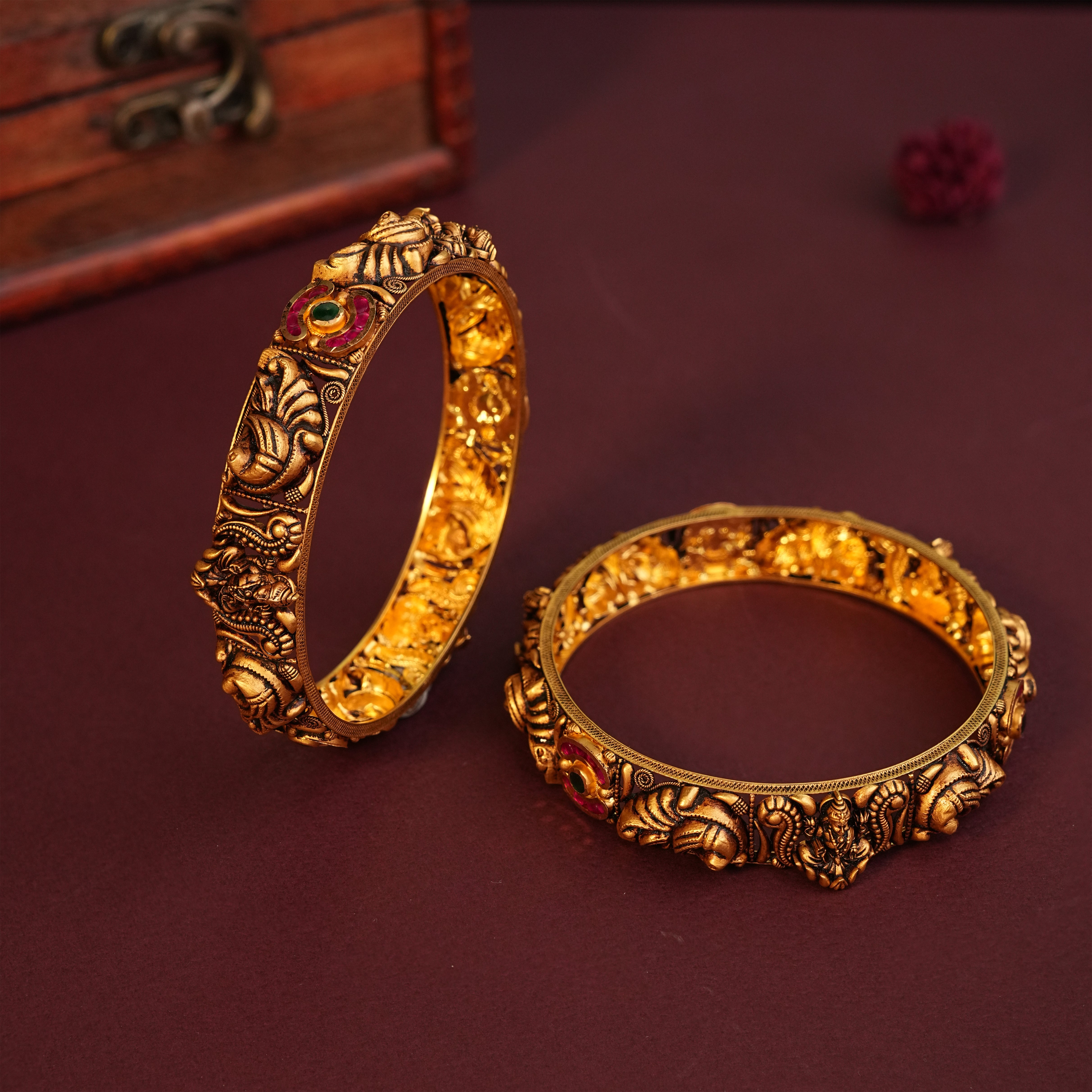 22KT Gold Temple Bangles with Lakshmi and Peacock Motif