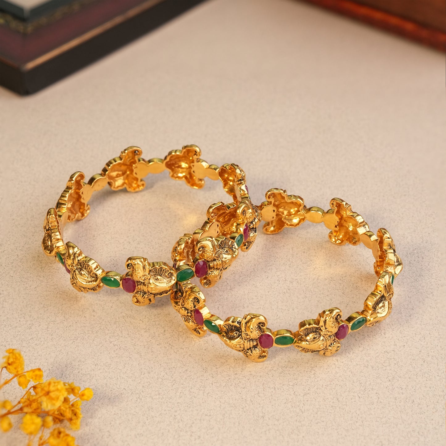 22KT Gold Antique Temple Bangles with Ruby & Emerald Stones