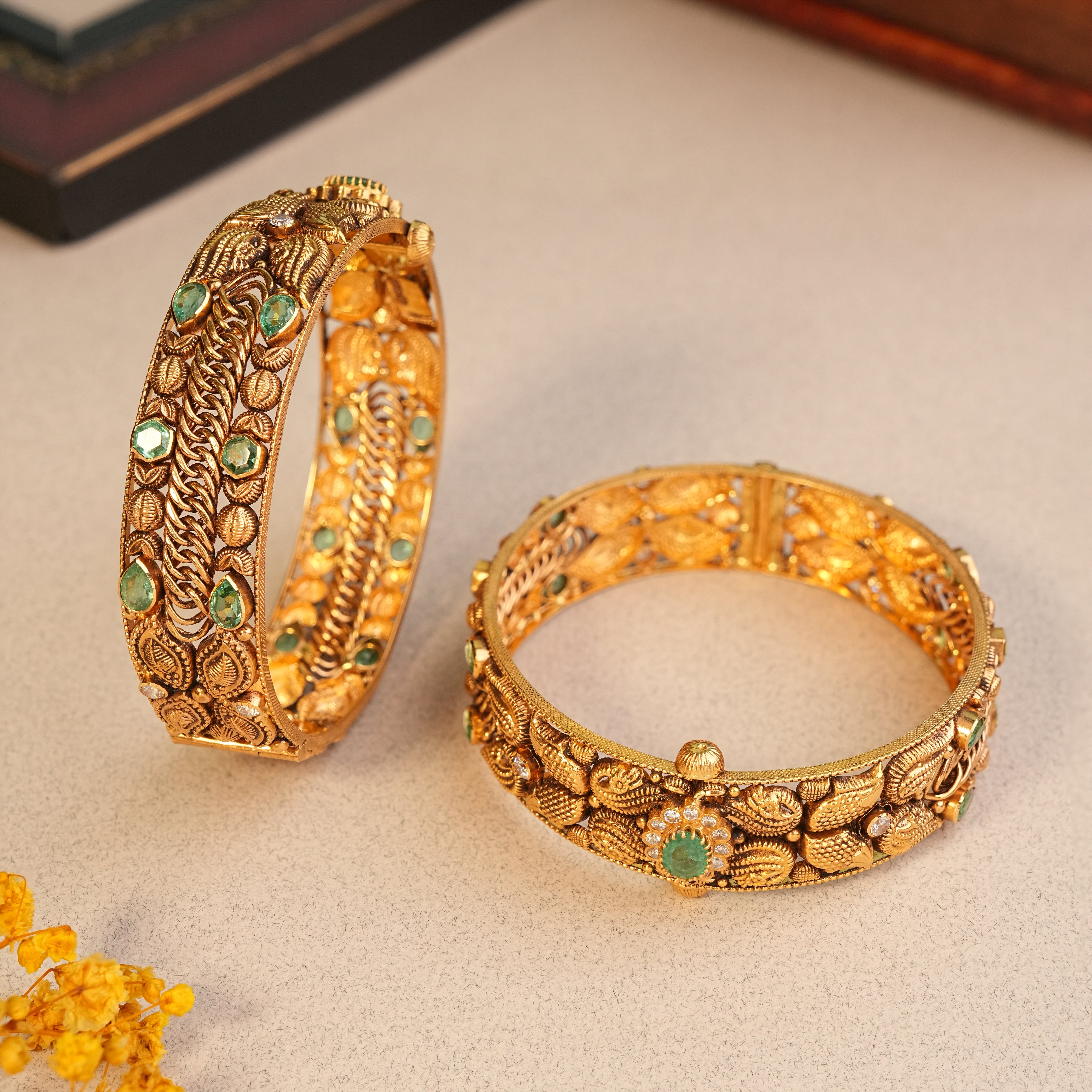 22KT Gold Temple Green Stone Weaved Bridal Wear Bangles