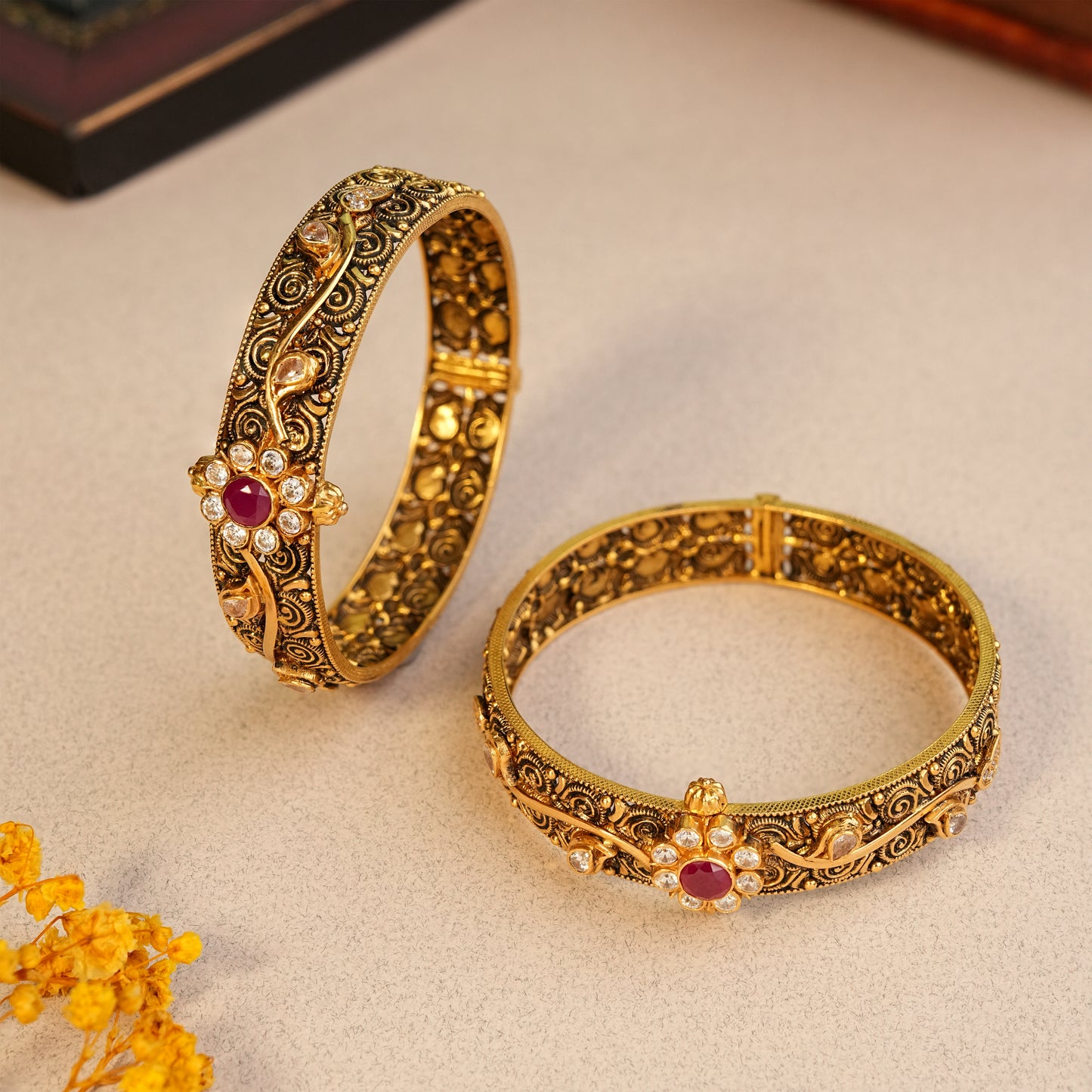 22KT Gold Antique Nakshi Wedding Wear CZ Bangles for Women