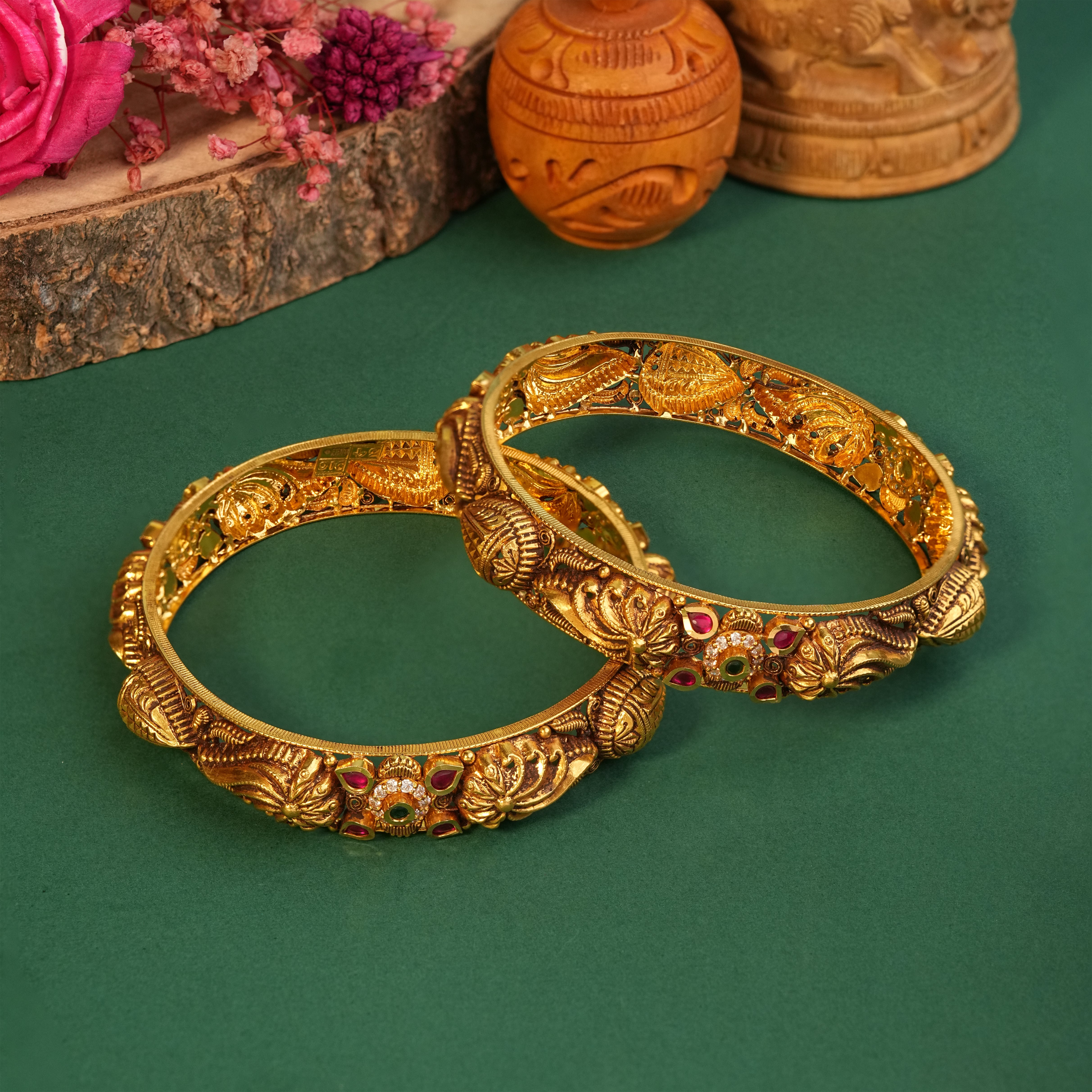 22KT Gold Temple Lotus Motif Bridal Wear Bangles for Women