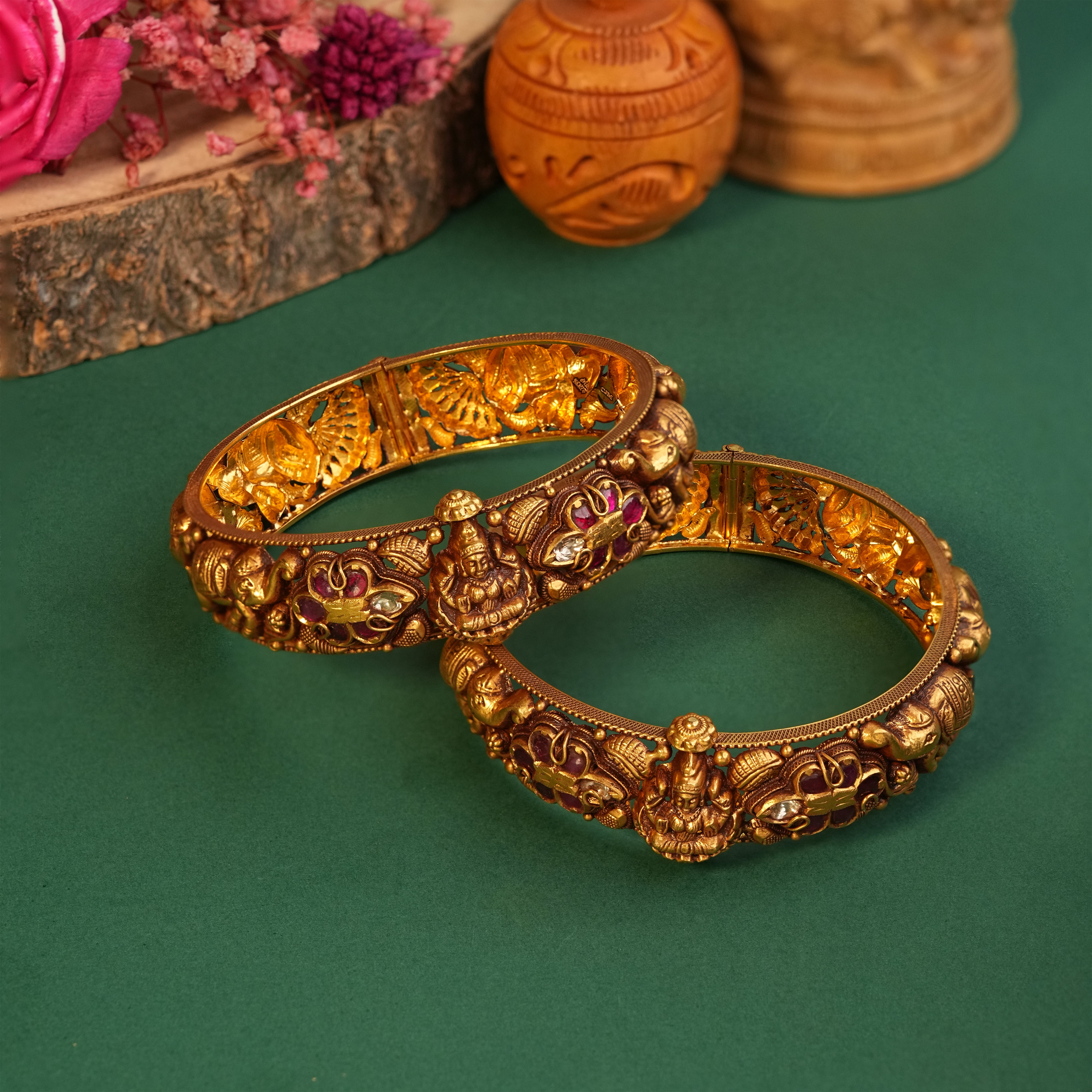 22KT Gold Temple Lakshmi Elephant Motif Bangles for Bridal Wear