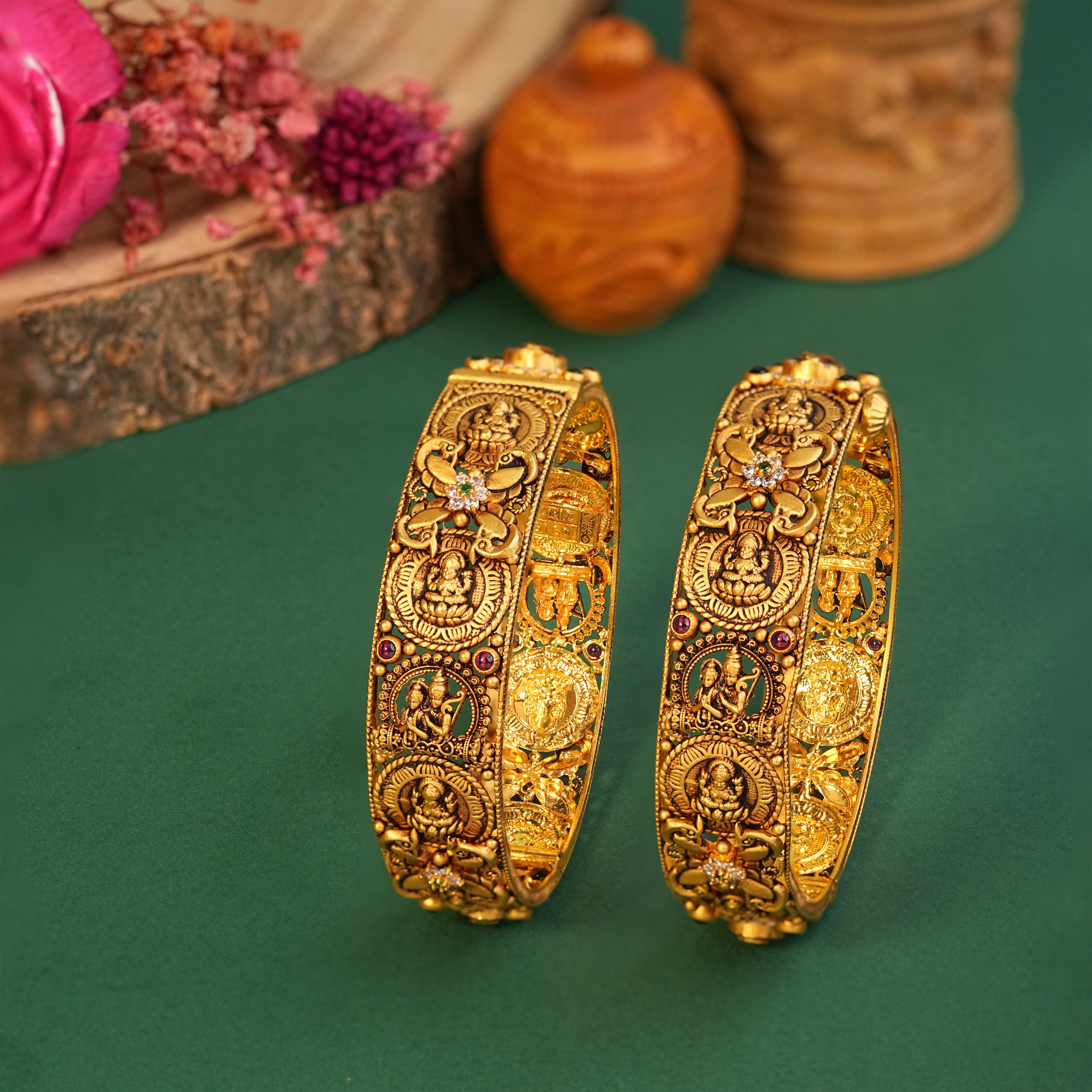 22KT Gold Temple Nakshi Bangles with Lakshmi Medallions
