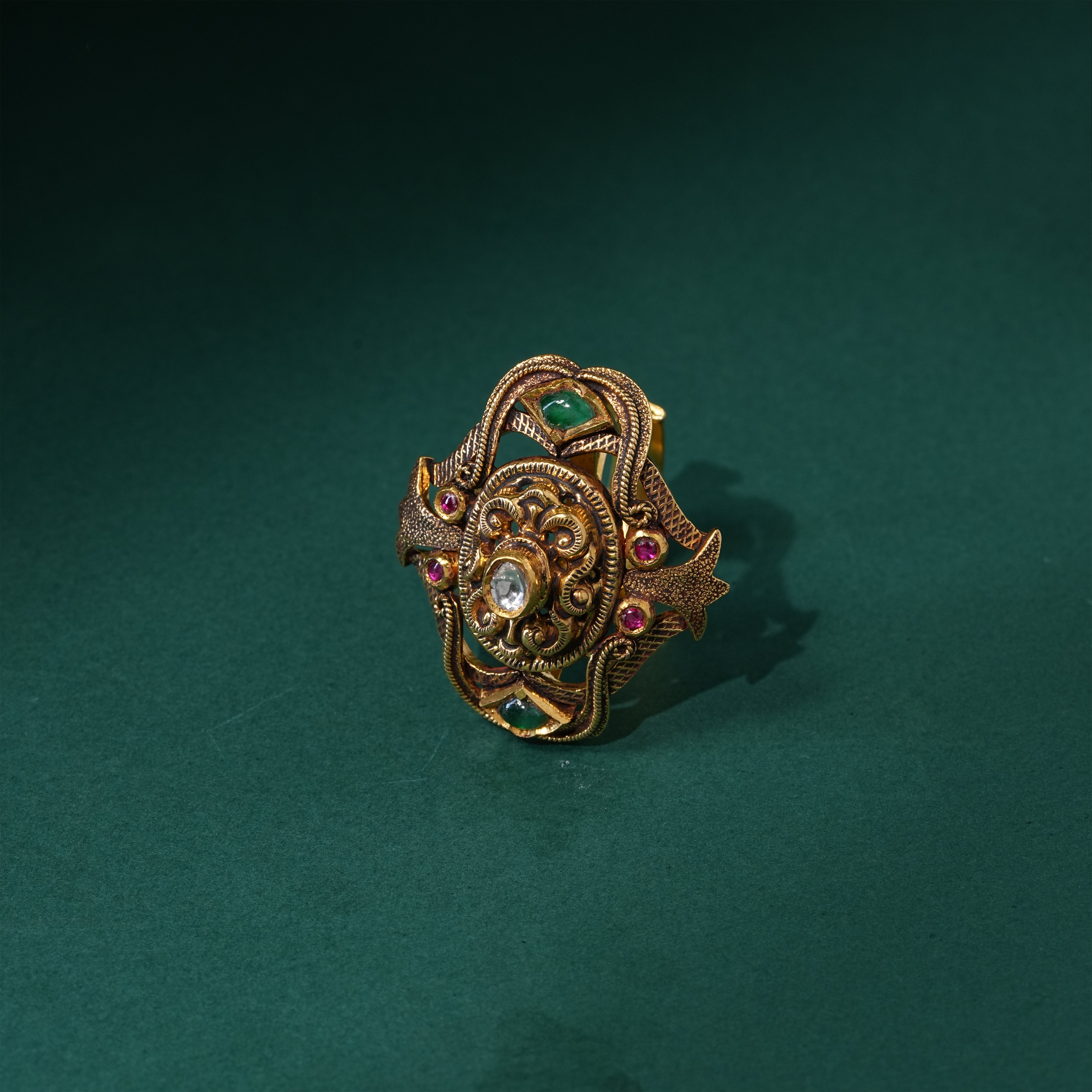 22KT Gold Temple Nakshi Peacock Wedding Ring for Women
