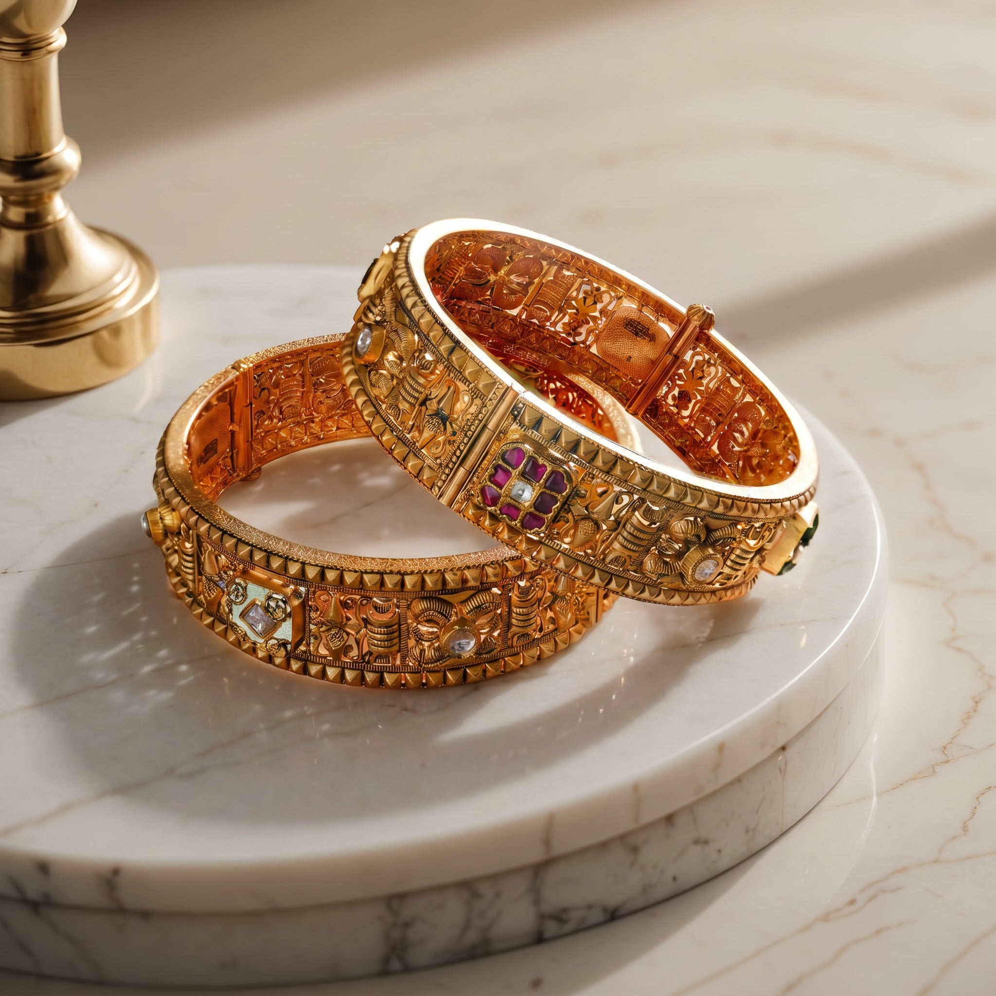 22KT Gold Semi Kundan Antique Bangle Set with Ruby & Polki