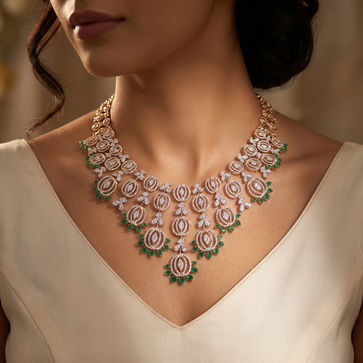 18KT Gold Diamond & Emerald Geometric Choker Necklace