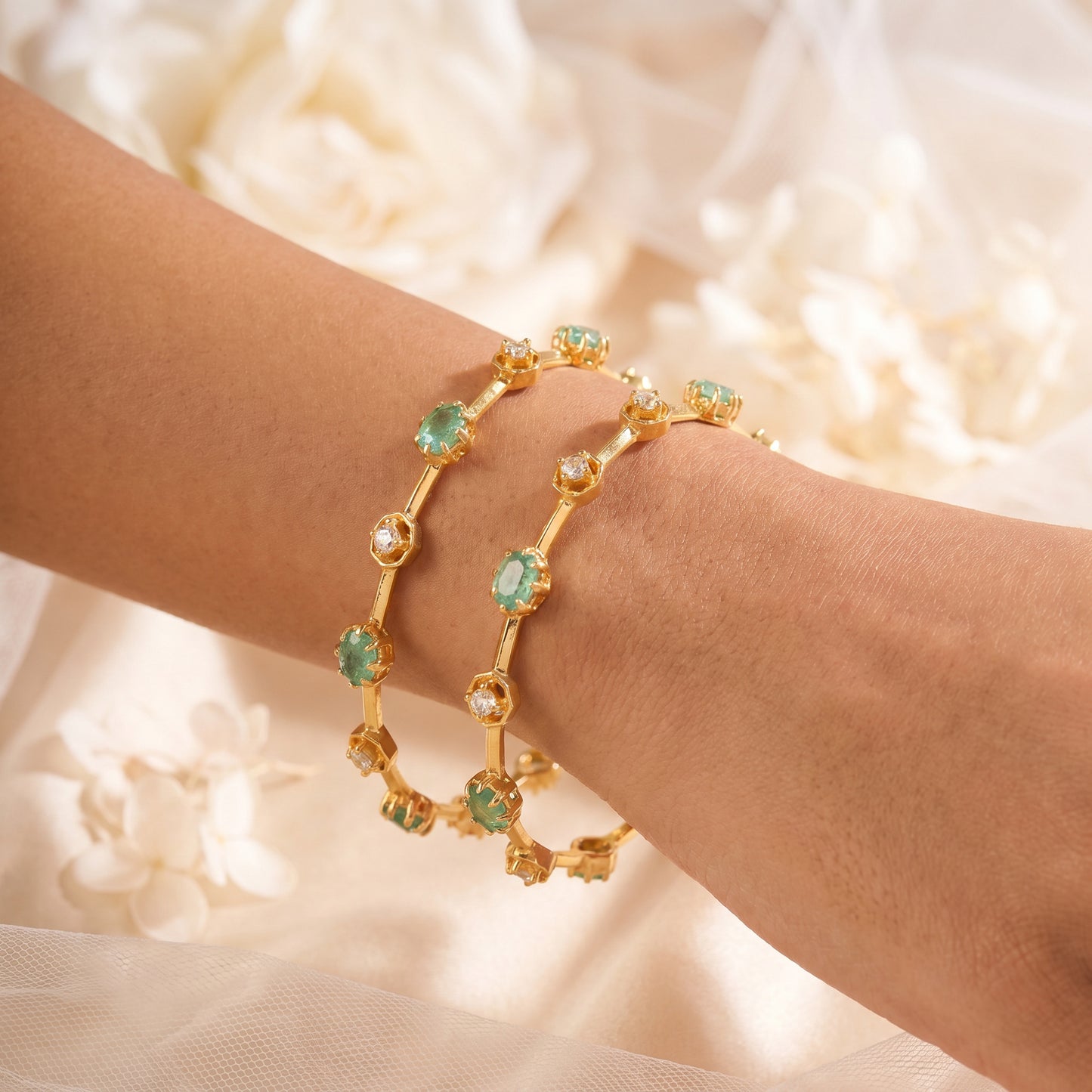 Fancy 22KT Gold Emerald Stone Bangle Pair for Women