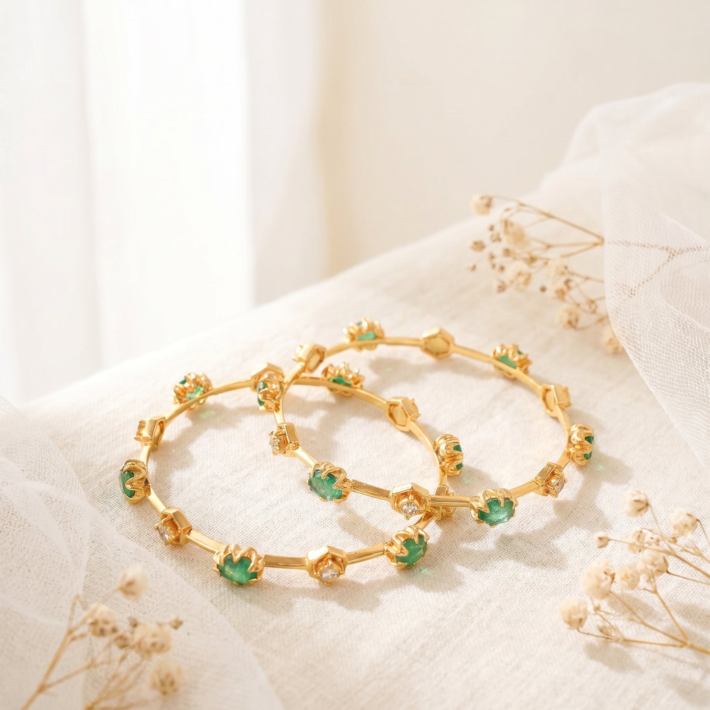 Fancy 22KT Gold Emerald Stone Bangle Pair for Women