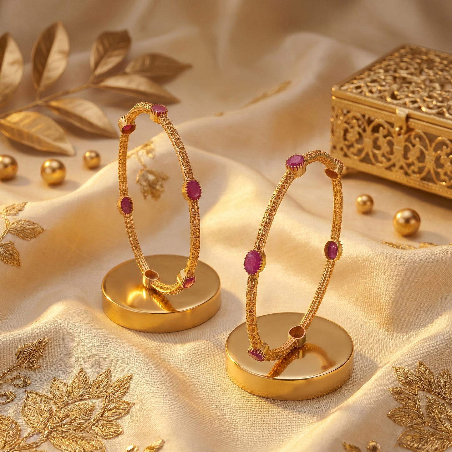 Temple Nakshi 22KT Gold Ruby Stone Bangle Pair for Women