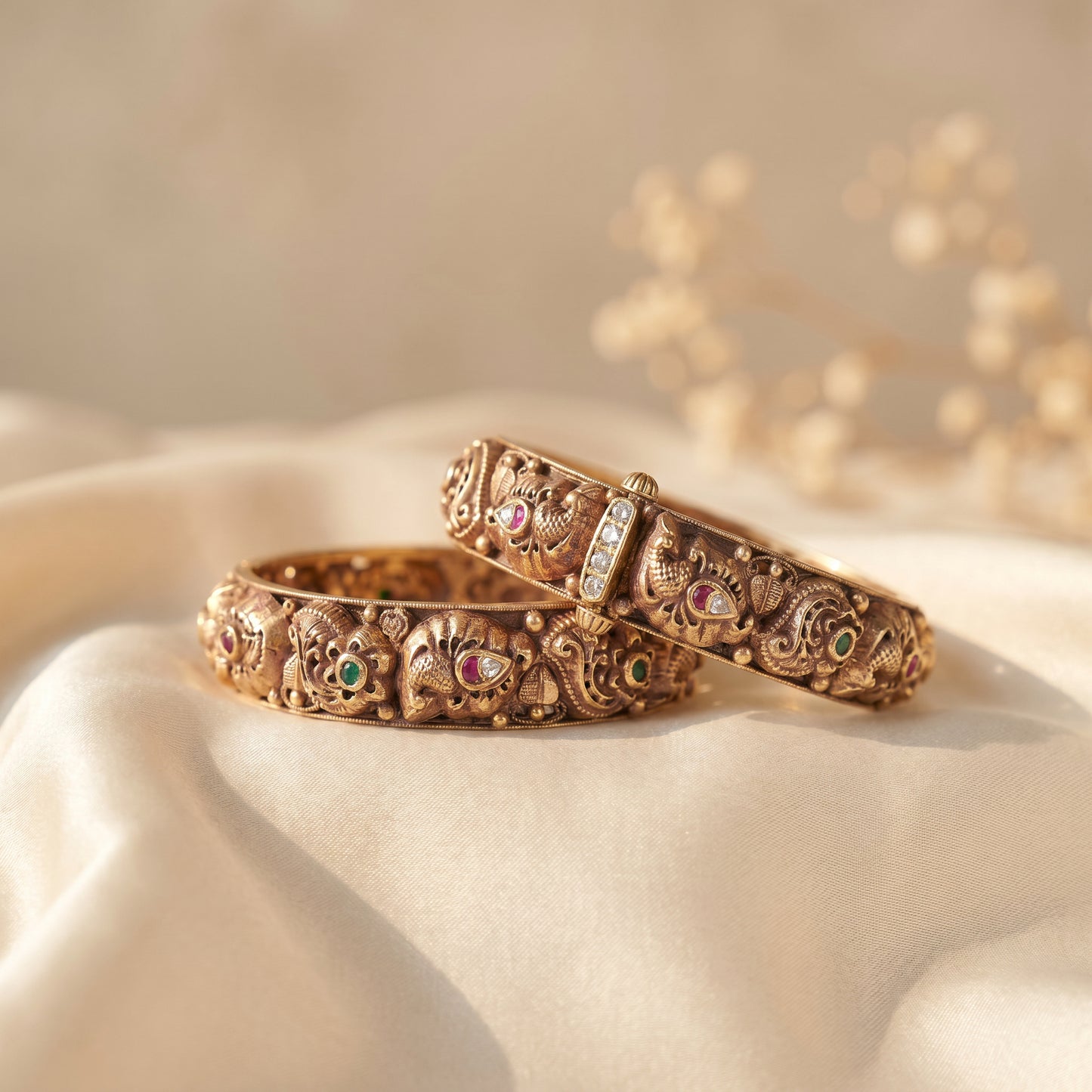 22KT Gold Deep Nakshi Peacock Temple Bangles