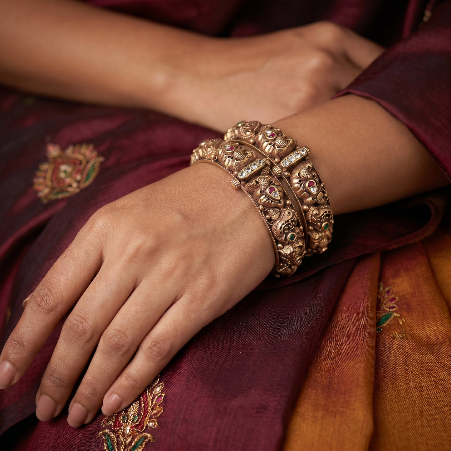 22KT Gold Deep Nakshi Peacock Temple Bangles