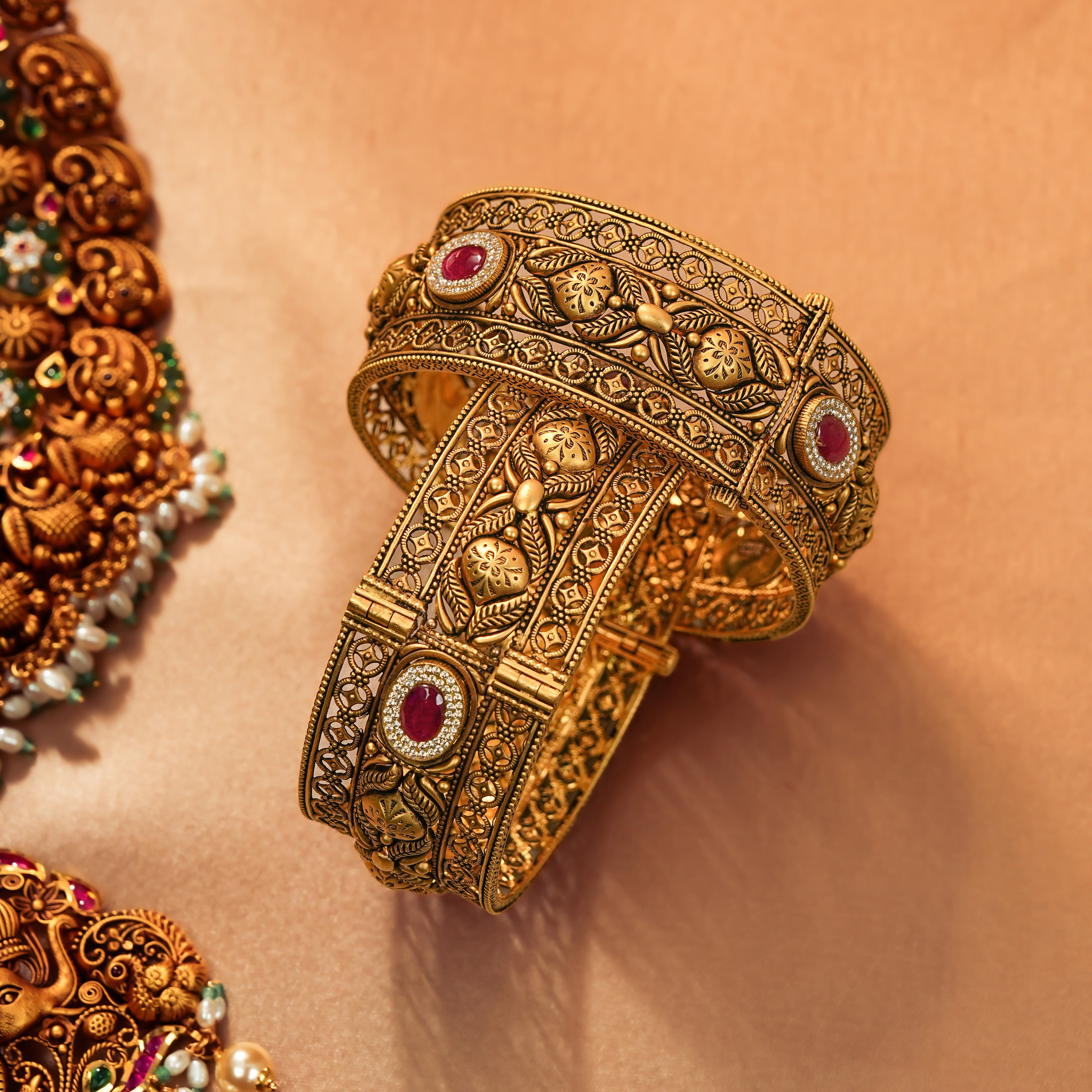 22KT Gold Nakas Temple Bangle Pair with Ruby & Floral Work