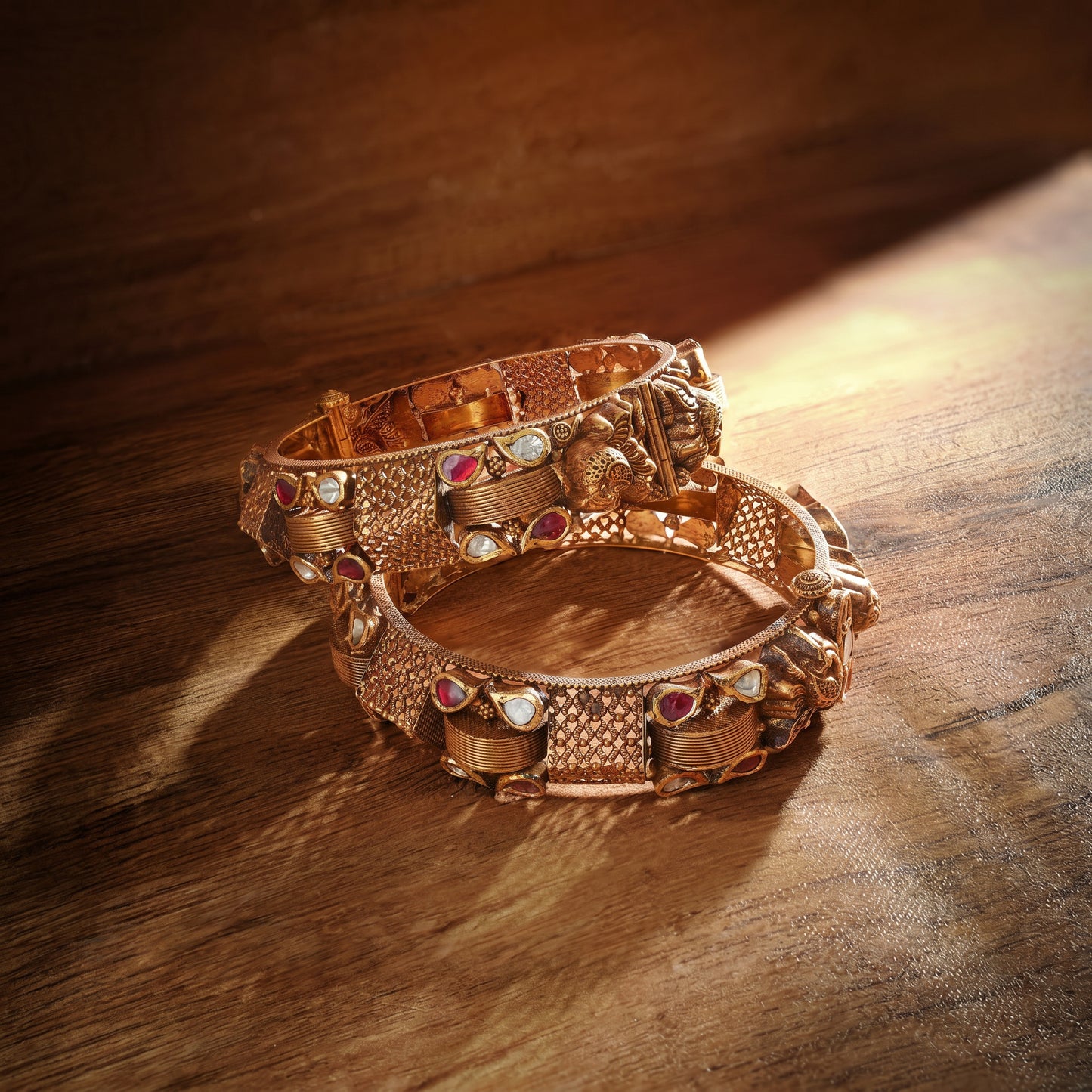 22KT Gold Nakshi Temple Bangle Set with Ruby & Polki
