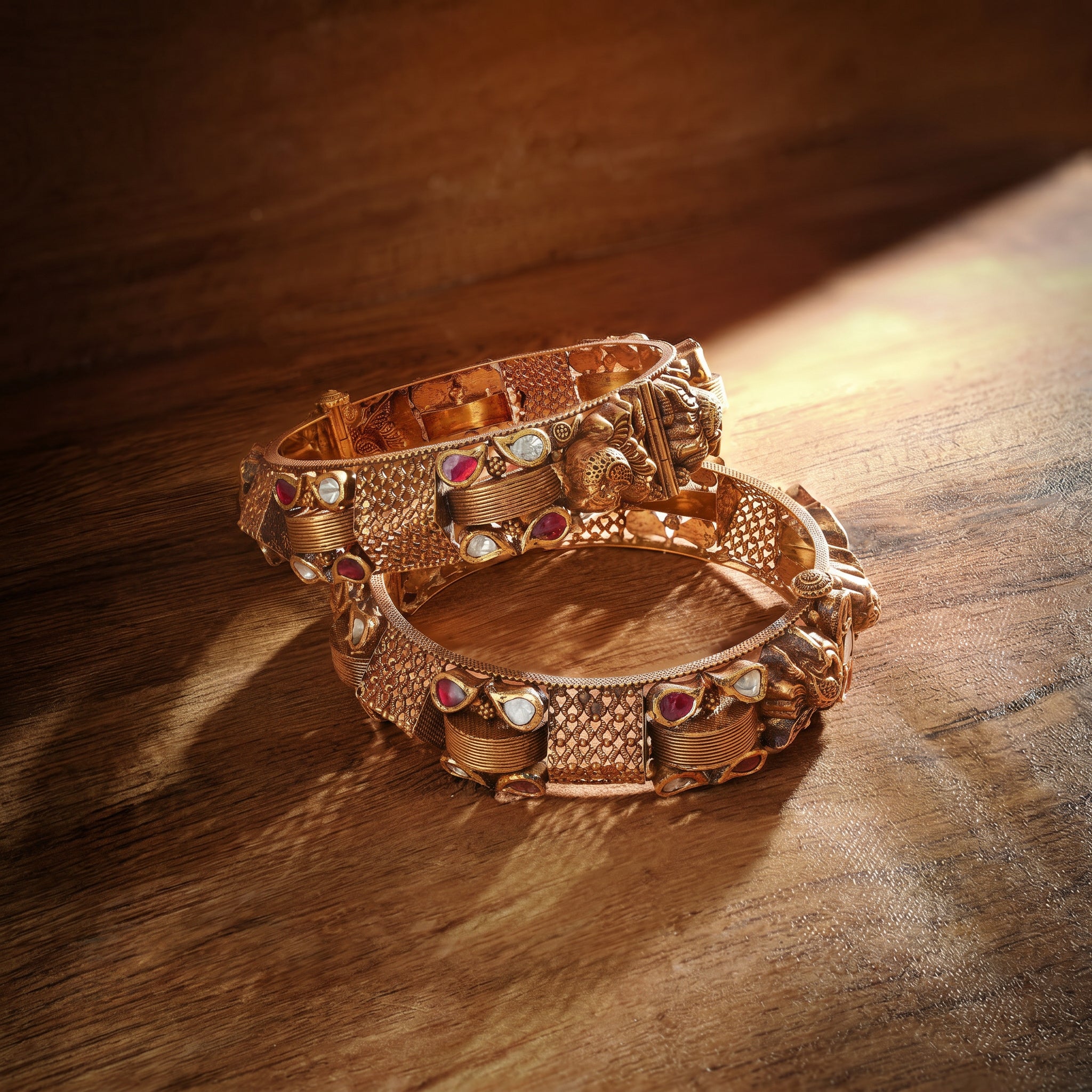 22KT Gold Nakshi Temple Bangle Set with Ruby & Polki