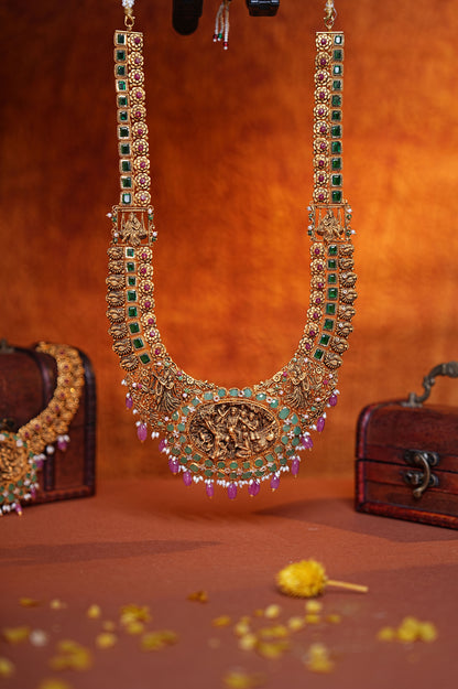 22KT Gold Micro Art Radha Krishna Temple Haram with Emerald & Ruby