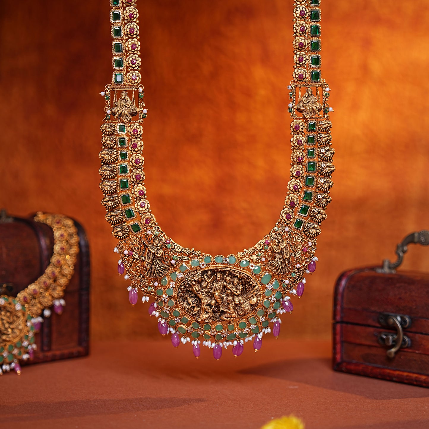 22KT Gold Micro Art Radha Krishna Temple Haram with Emerald & Ruby