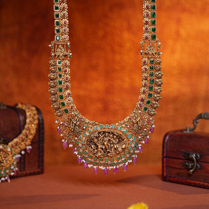 22KT Gold Micro Art Radha Krishna Temple Haram with Emerald & Ruby