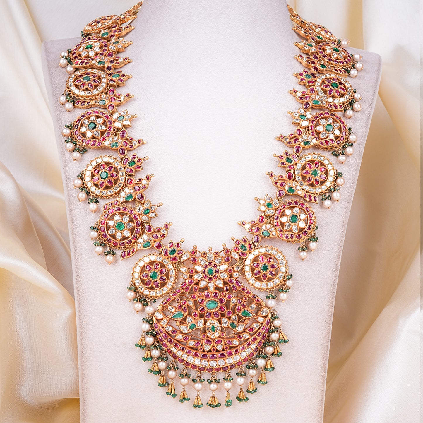 22KT Gold Kemp Haram with Ruby, Emerald & Pearl Drops