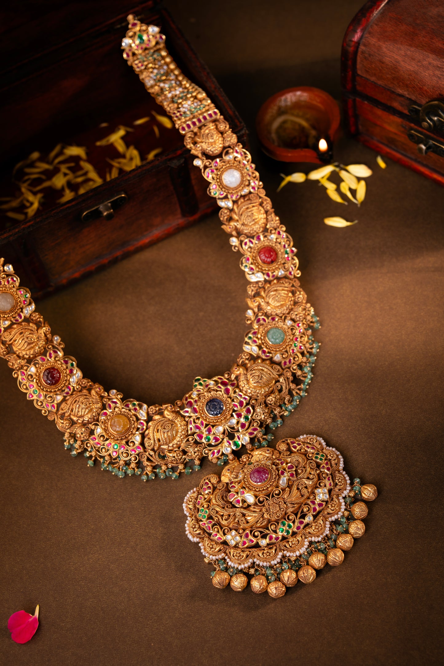 22KT Gold Nakshi Temple Haram with Navaratna Stones & Pearl Drops