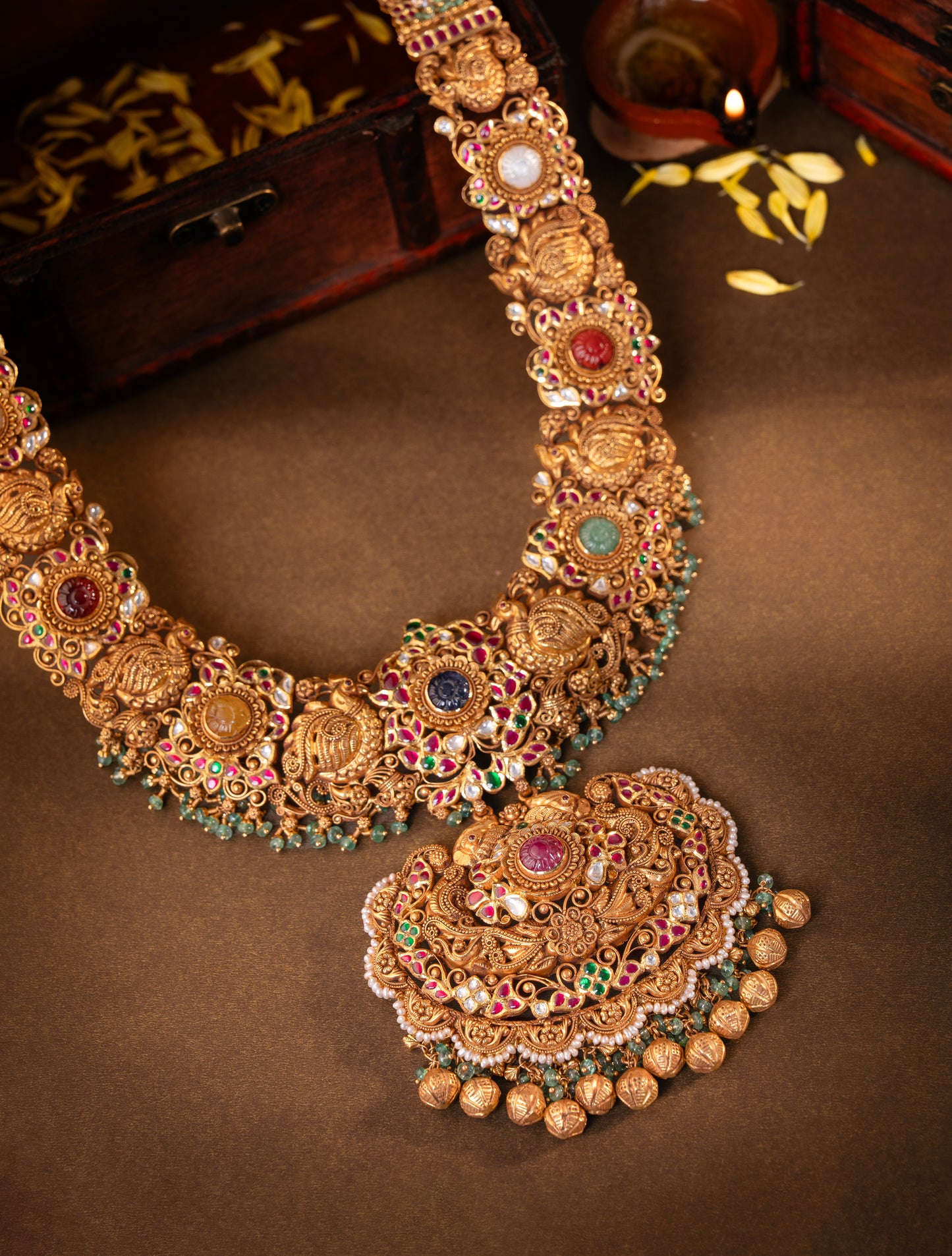22KT Gold Nakshi Temple Haram with Navaratna Stones & Pearl Drops
