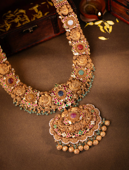 22KT Gold Nakshi Temple Haram with Navaratna Stones & Pearl Drops
