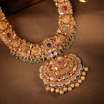 22KT Gold Nakshi Temple Haram with Navaratna Stones & Pearl Drops