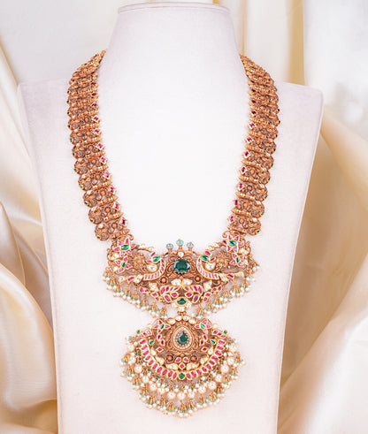 22KT Gold Nakshi Temple Haram with Kundan, Ruby, Emerald & Pearl