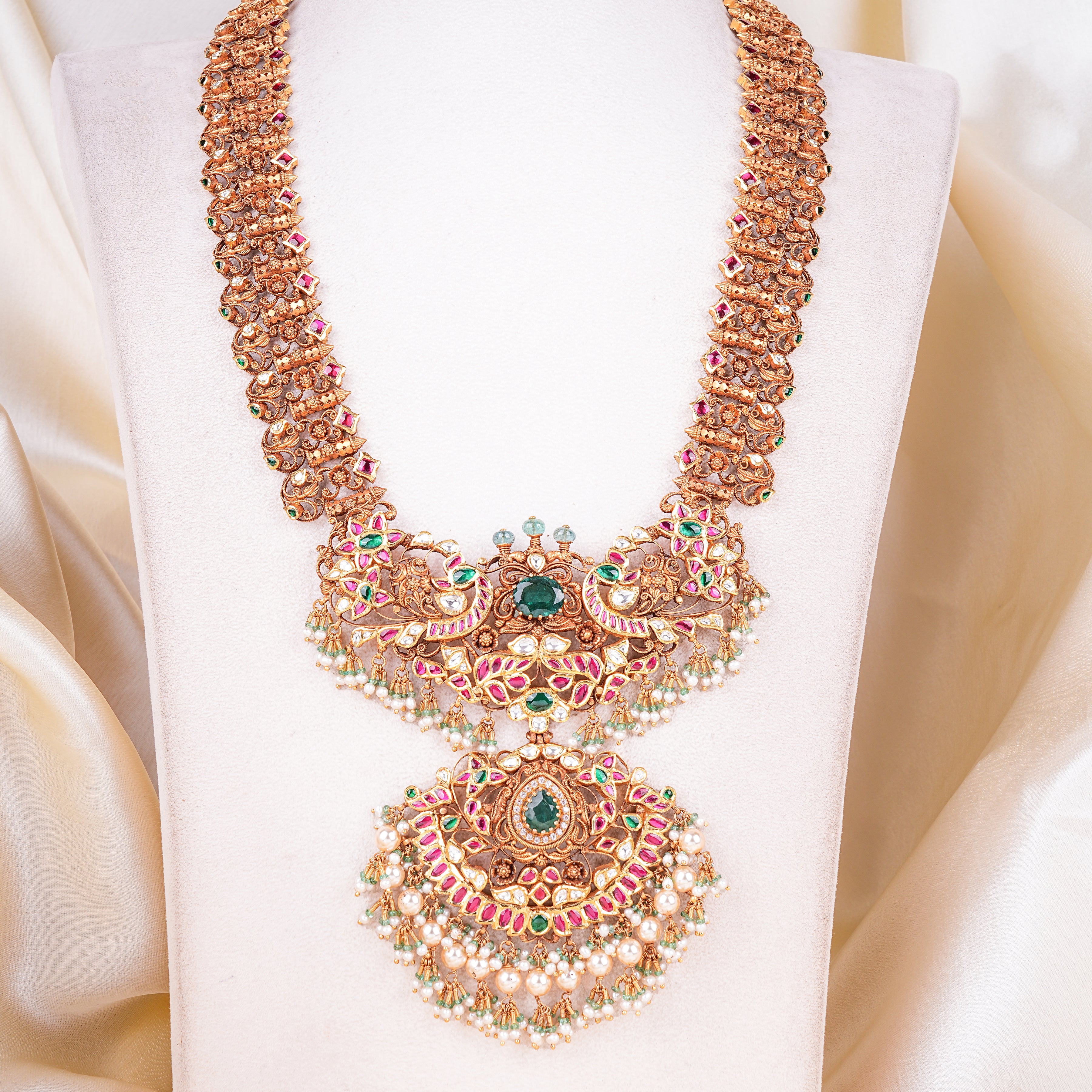 22KT Gold Nakshi Temple Haram with Kundan, Ruby, Emerald & Pearl
