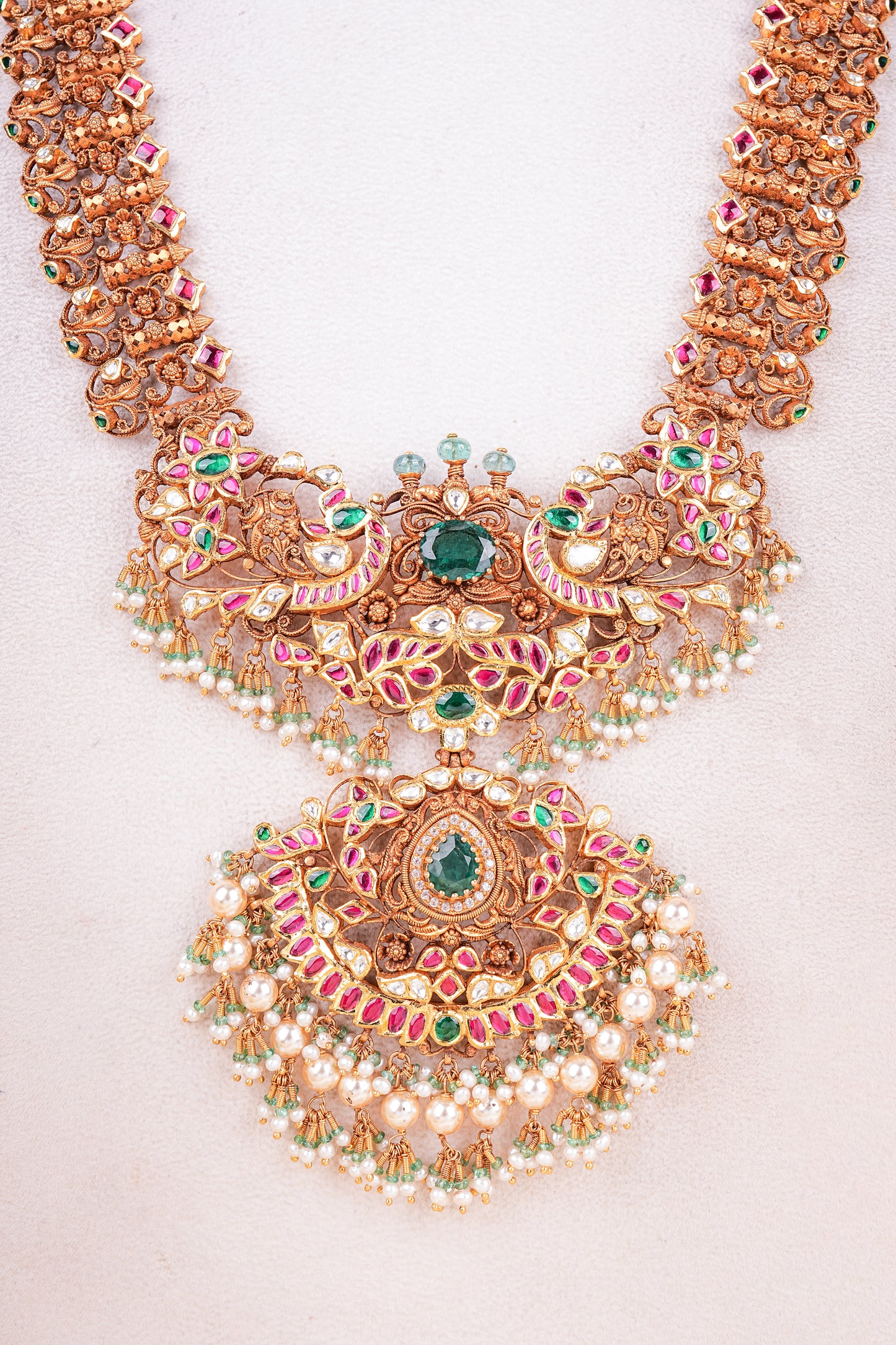 22KT Gold Nakshi Temple Haram with Kundan, Ruby, Emerald & Pearl