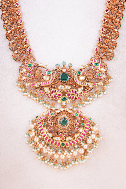 22KT Gold Nakshi Temple Haram with Kundan, Ruby, Emerald & Pearl