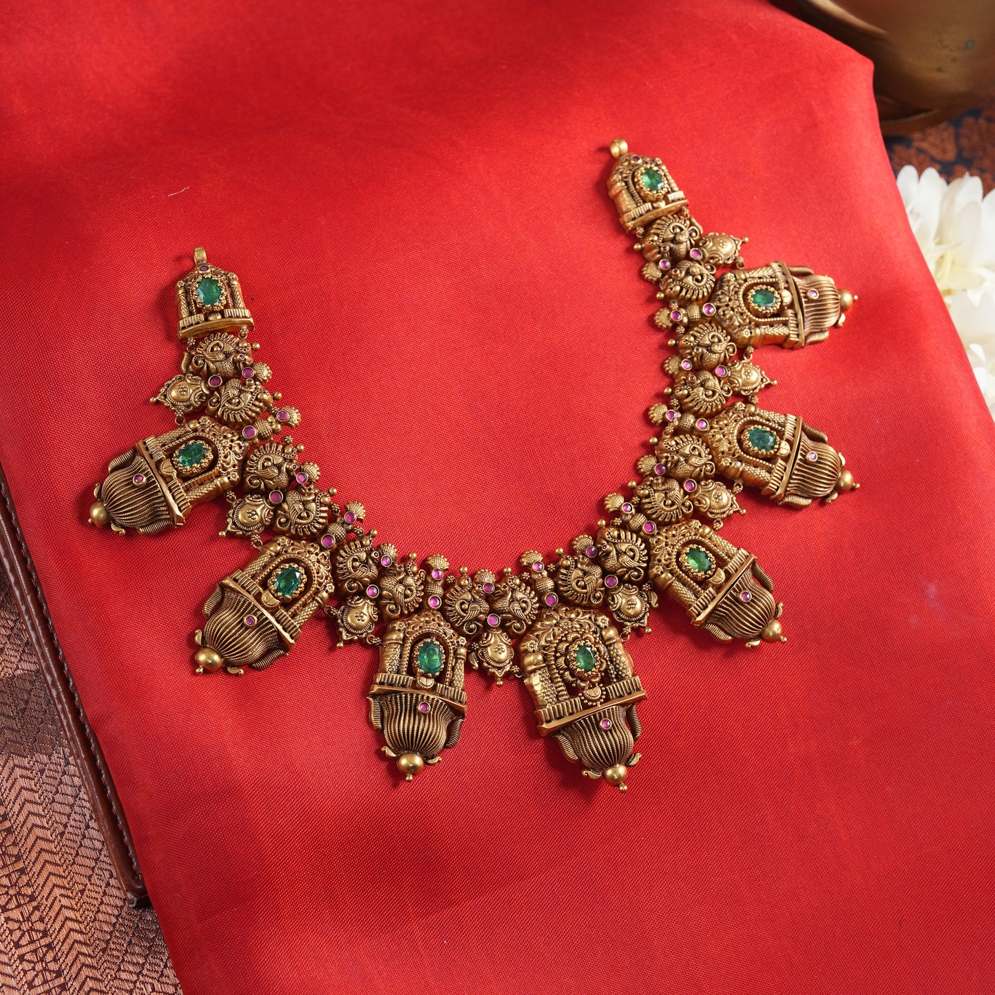 22KT Gold Nakshi Temple Necklace with Emerald & Ruby Stones