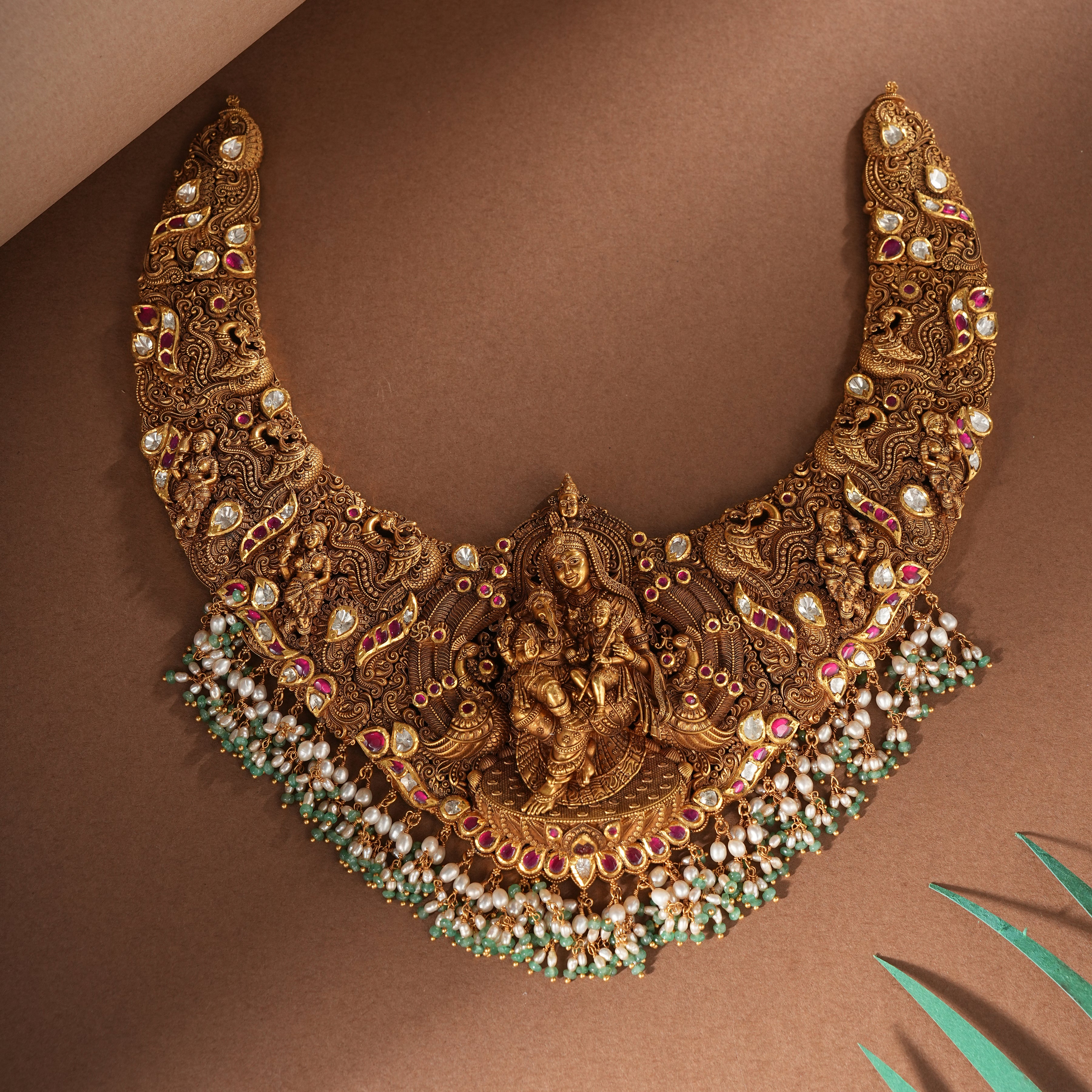 22KT Gold Micro Art Radha Krishna Temple Choker Necklace